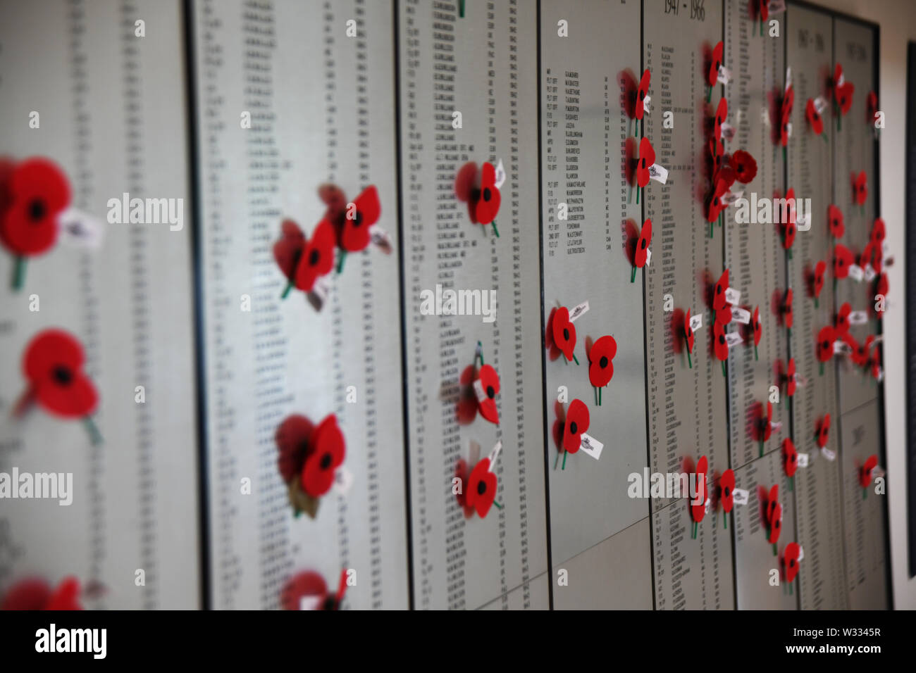 Rote Mohnblumen schmücken die Rolle der Ehre in der Air Force Museum in Christchurch, Neuseeland Stockfoto