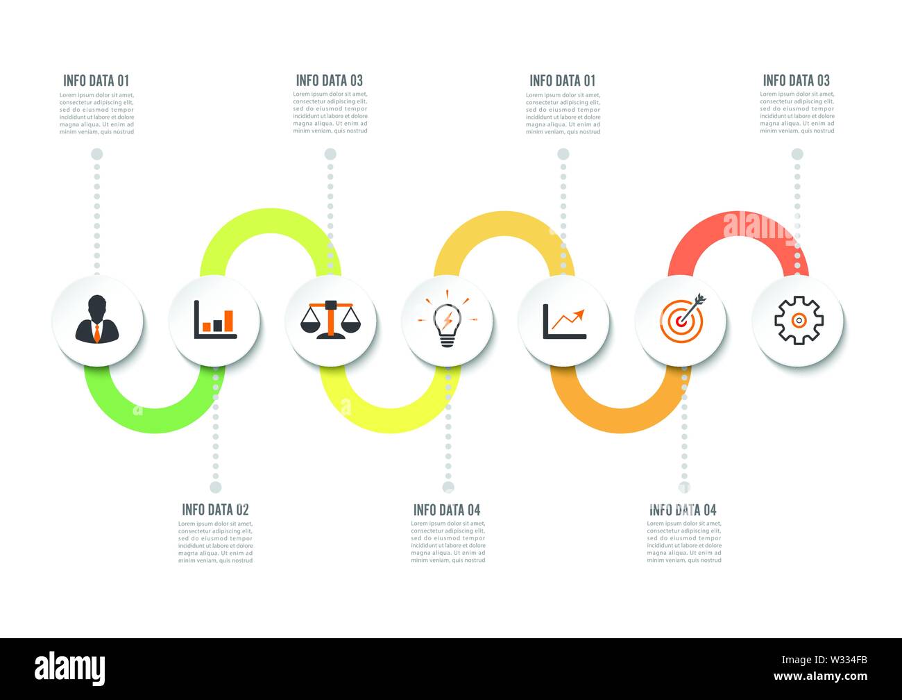 Infografik Design Template und Marketing Symbole. Für Diagramm, Grafik, Präsentation und runde chart Vorlage. Business Konzept mit 7 Optionen, Schritt. Stock Vektor