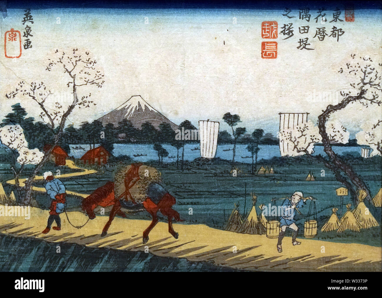Blume Almanach der Östlichen Hauptstadt: Kirschblüten entlang Sumida River, von Keisai Eisen, Holzschnitt, Edo Periode, 19. Jahrhundert Stockfoto