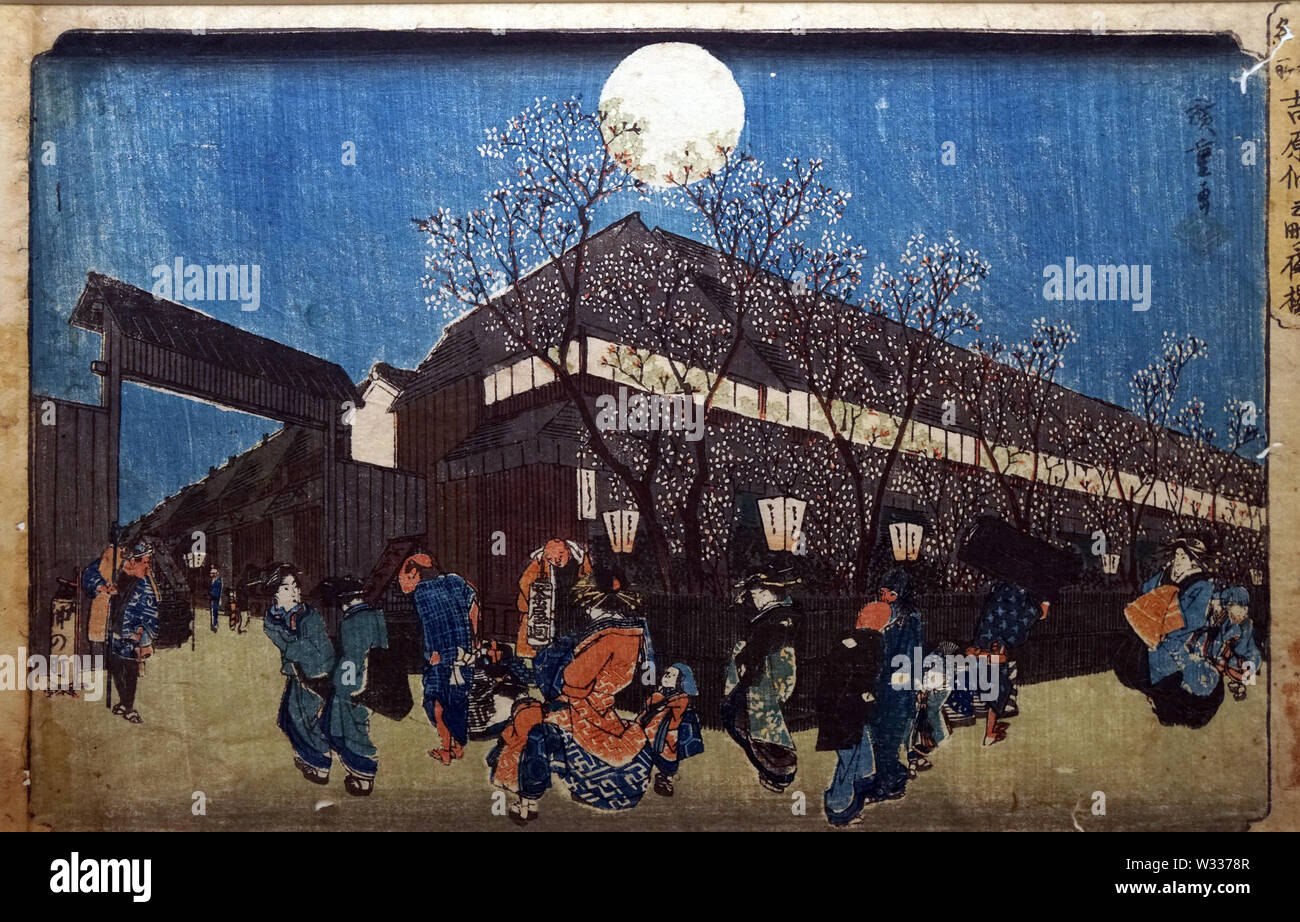 Berühmte Orte des östlichen Hauptstadt: Kirschblüten im Mondlicht auf Yoshiwara, von Utagawa Hiroshige, Holzschnitt, Edo Periode, 19. Jahrhundert Stockfoto