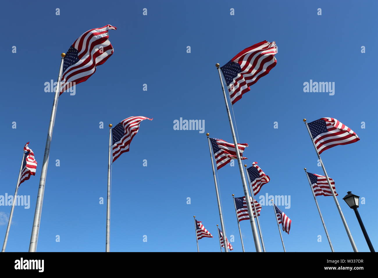 Amerikanische Fahnen schwenkten in schöne Himmel im Liberty State Park in New Jersey State. Vereinigte Staaten von Amerika Stockfoto