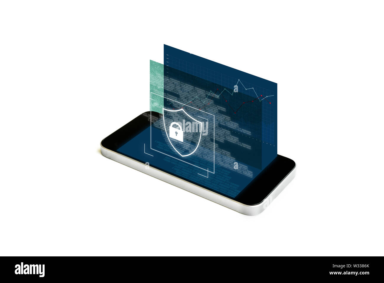 Handy Sicherheit und digitale Daten Sicherheit System. Smart Phone mit Augmented Reality Sicherheit Bildschirm sperren Stockfoto
