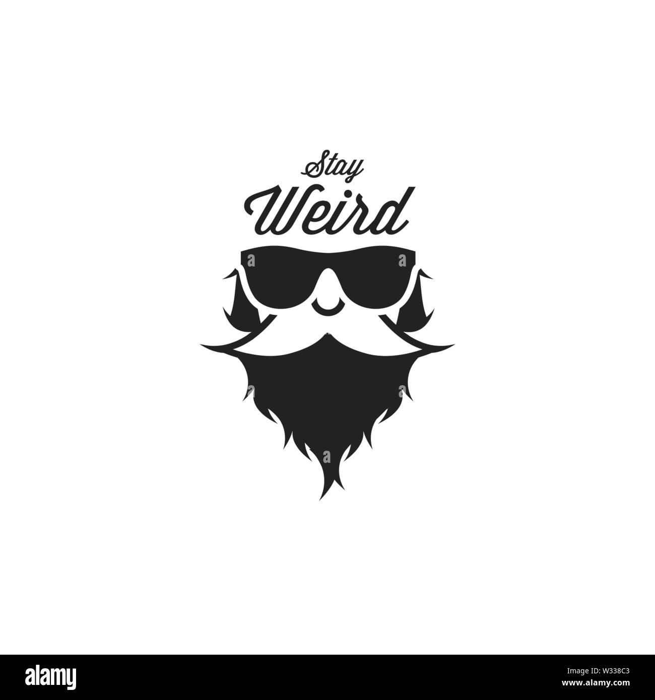 Hipster, bärtigen Mann in der Sonnenbrille. Schwarze und Weiße Vector Illustration. Bleiben seltsam Slogan. T-Shirt drucken. Stock Vektor