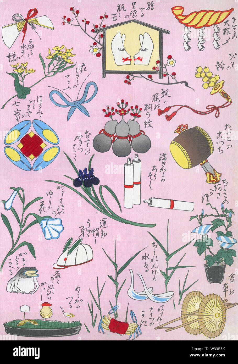 [1930er Jahre Japan - japanische Holzschnitt mit traditionellen Abbildungen] - Mokuhan (Holzschnitt) auf Edo-chiyogami (Papier mit farbigen Abbildungen) mit Bildern der Shintō-ähnliche Produkte. Edo - chiyogami ist auch Isetatsu aufgerufen, nachdem die Firma, die zum ersten Mal 1864 geöffnet (Genji 1) und geht noch in mehr als 1.500 Arten von Edo - chiyogami. 20. Jahrhundert vintage Mokuhan Holzschnitt. Stockfoto