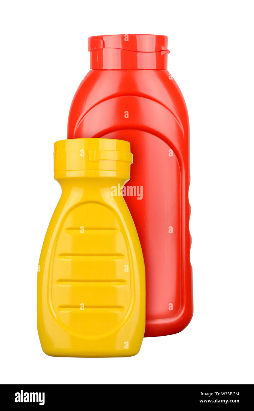Ketchup und Senf Flaschen auf weißem Hintergrund. Stockfoto