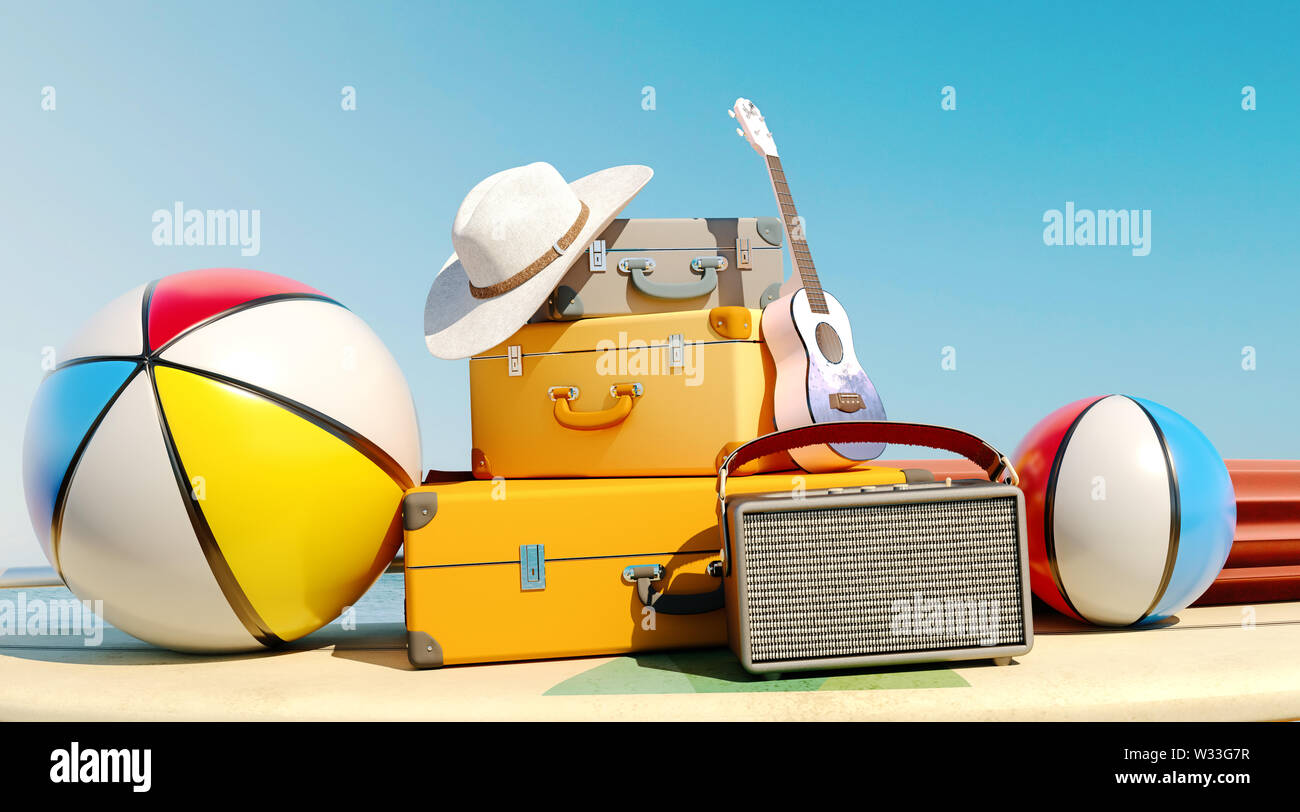 Gepäck, Gepäck und Ausrüstung für den Strand auf der Oberseite des Surf Brett, bereit für den Sommerurlaub, Konzept der Spaß im Sommer, 3D-Rendering Stockfoto