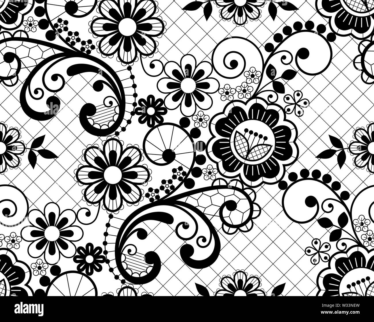 Nahtlose Spitze retro Vektor Muster - Detaillierte repetitive Design mit Blumen und wirbelt, dekorativen Hintergrund in Schwarz auf Weiß Stock Vektor