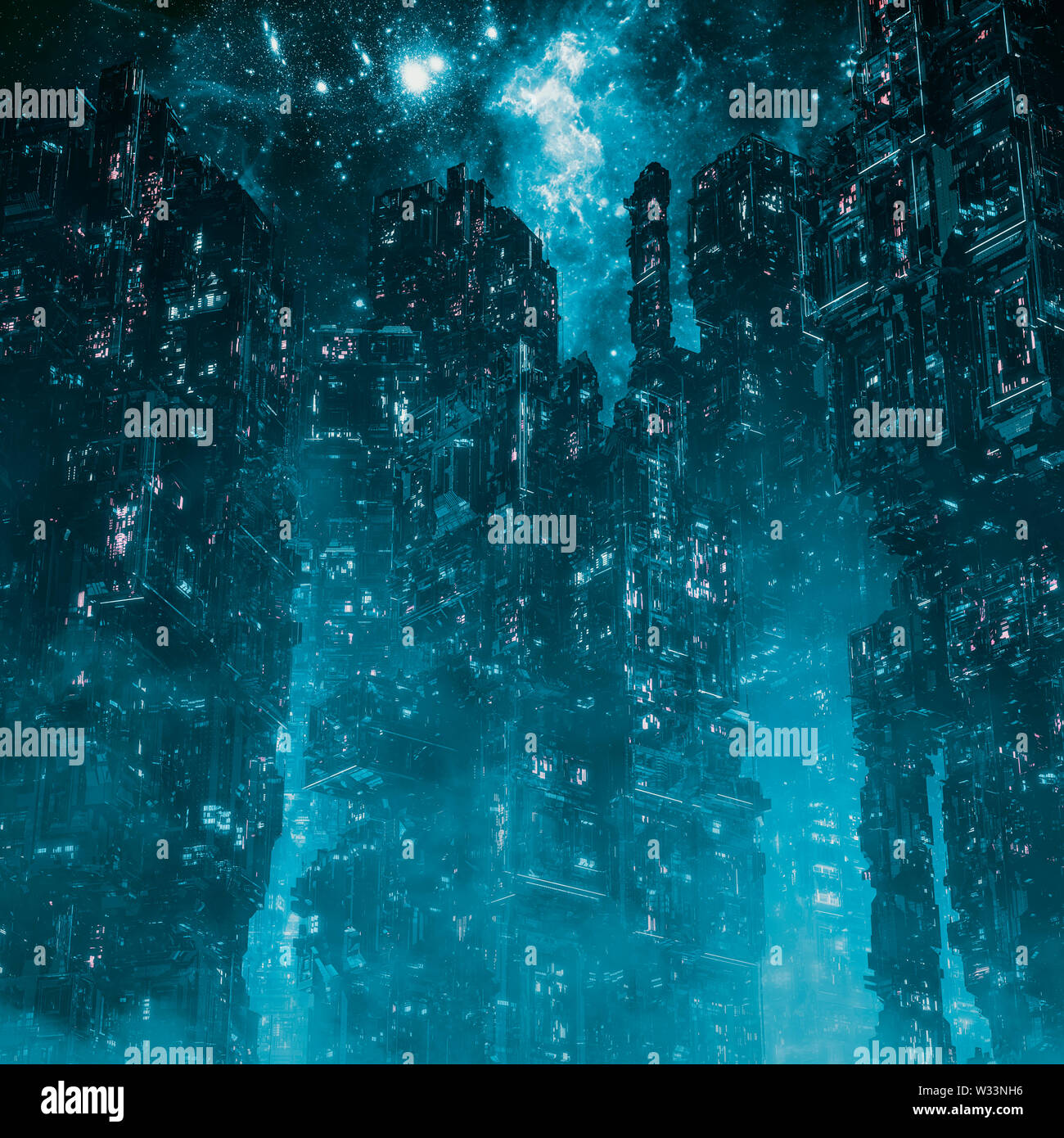 Cyberpunk Metropole Nacht/3D-Darstellung der Dunklen futuristische Science-Fiction-Stadt unter Nachthimmel Stockfoto