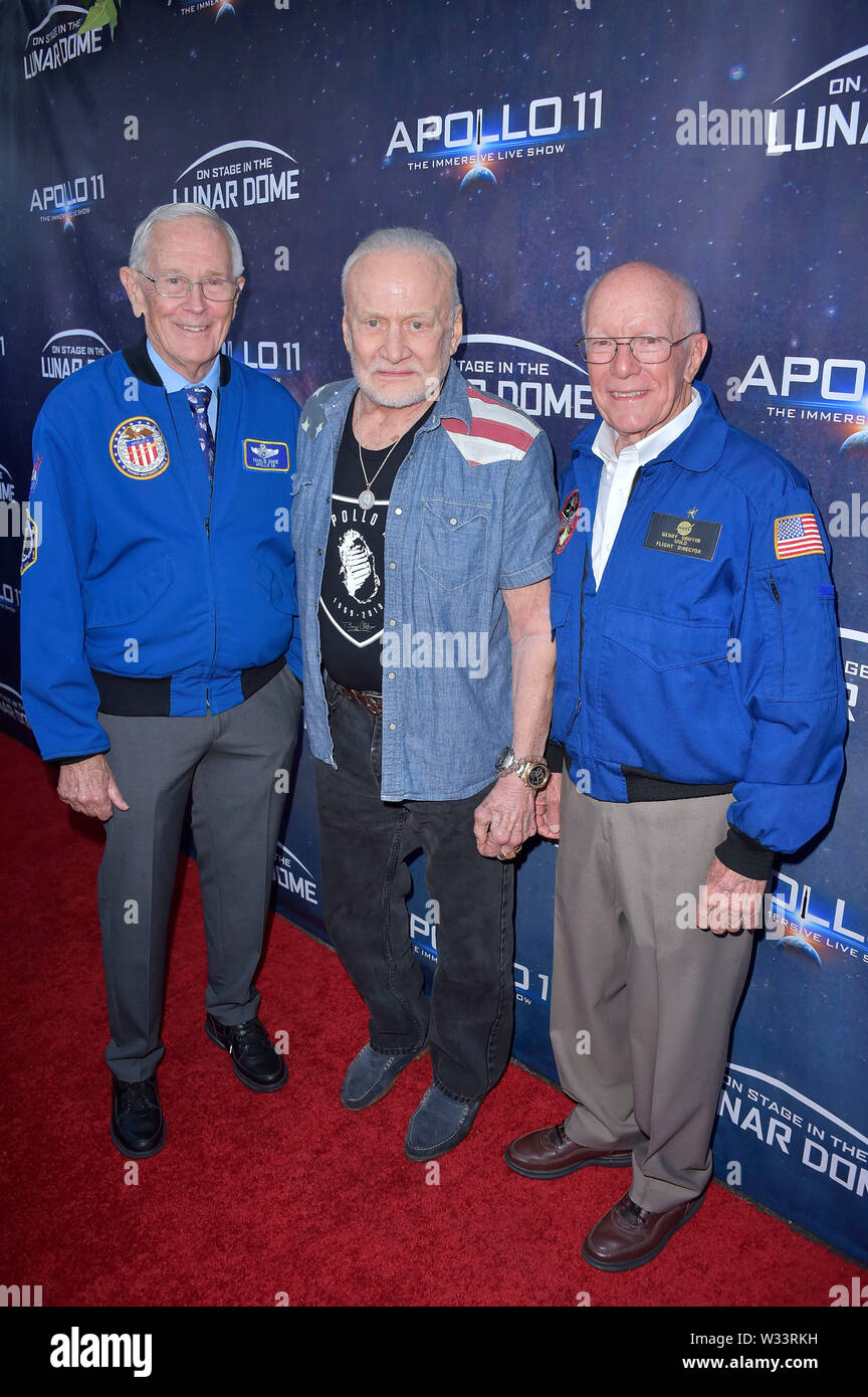 Charlie Duke, Buzz Aldrin und Gerry Griffin bei der Einweihung des 'Apollo 11: Die Immersive Live Show" an der Lunar Kuppel bei Rose Bowl Stadium. Pasadena, 10.07.2019 | Verwendung weltweit Stockfoto