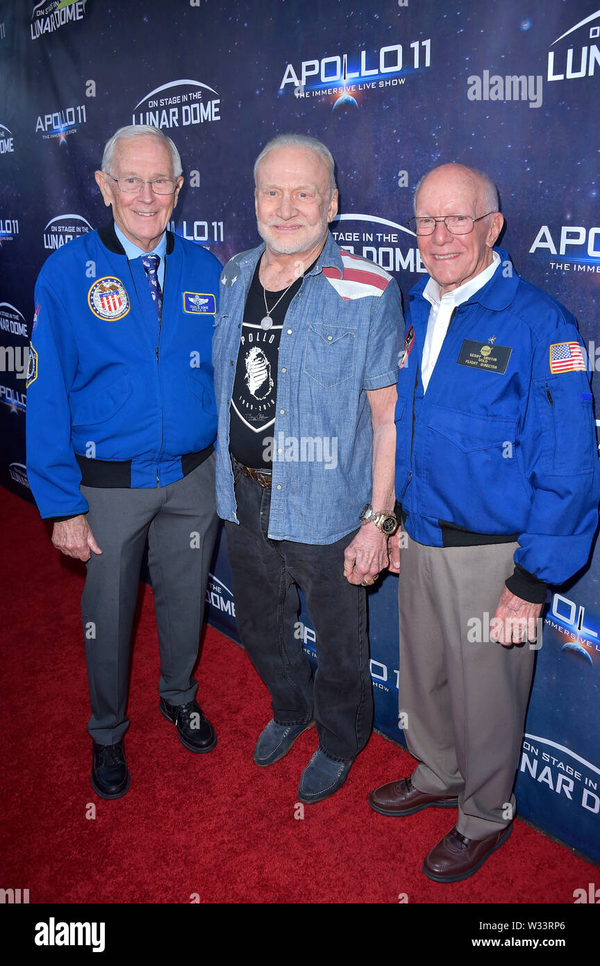 Charlie Duke, Buzz Aldrin und Gerry Griffin bei der Einweihung des 'Apollo 11: Die Immersive Live Show" an der Lunar Kuppel bei Rose Bowl Stadium. Pasadena, 10.07.2019 | Verwendung weltweit Stockfoto