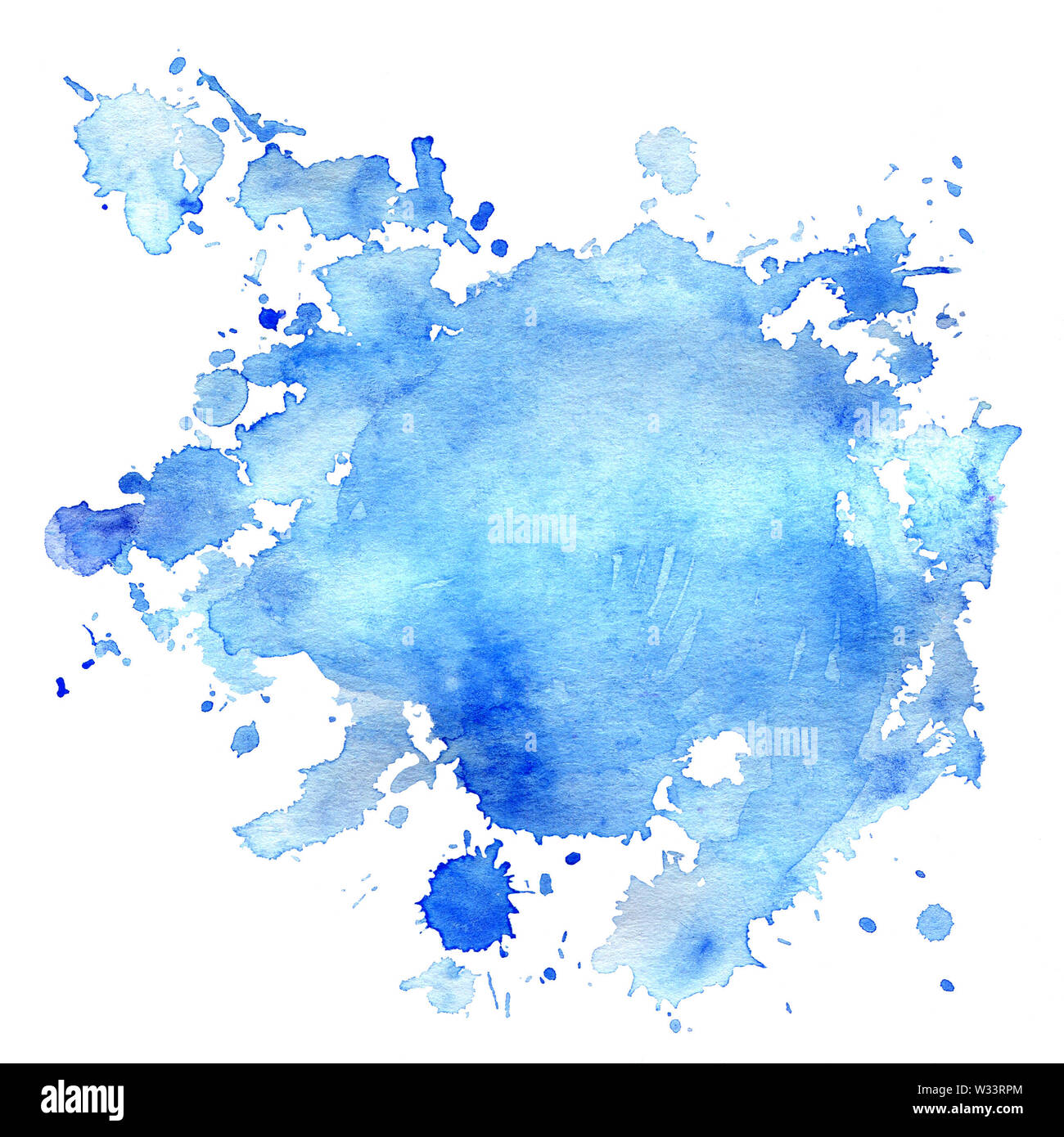 Aquarell tupfen Blau mit Spritzer und Flecken. Isolierte blauen Fleck auf weissem Hintergrund. Gezeichnet von Hand. Stockfoto