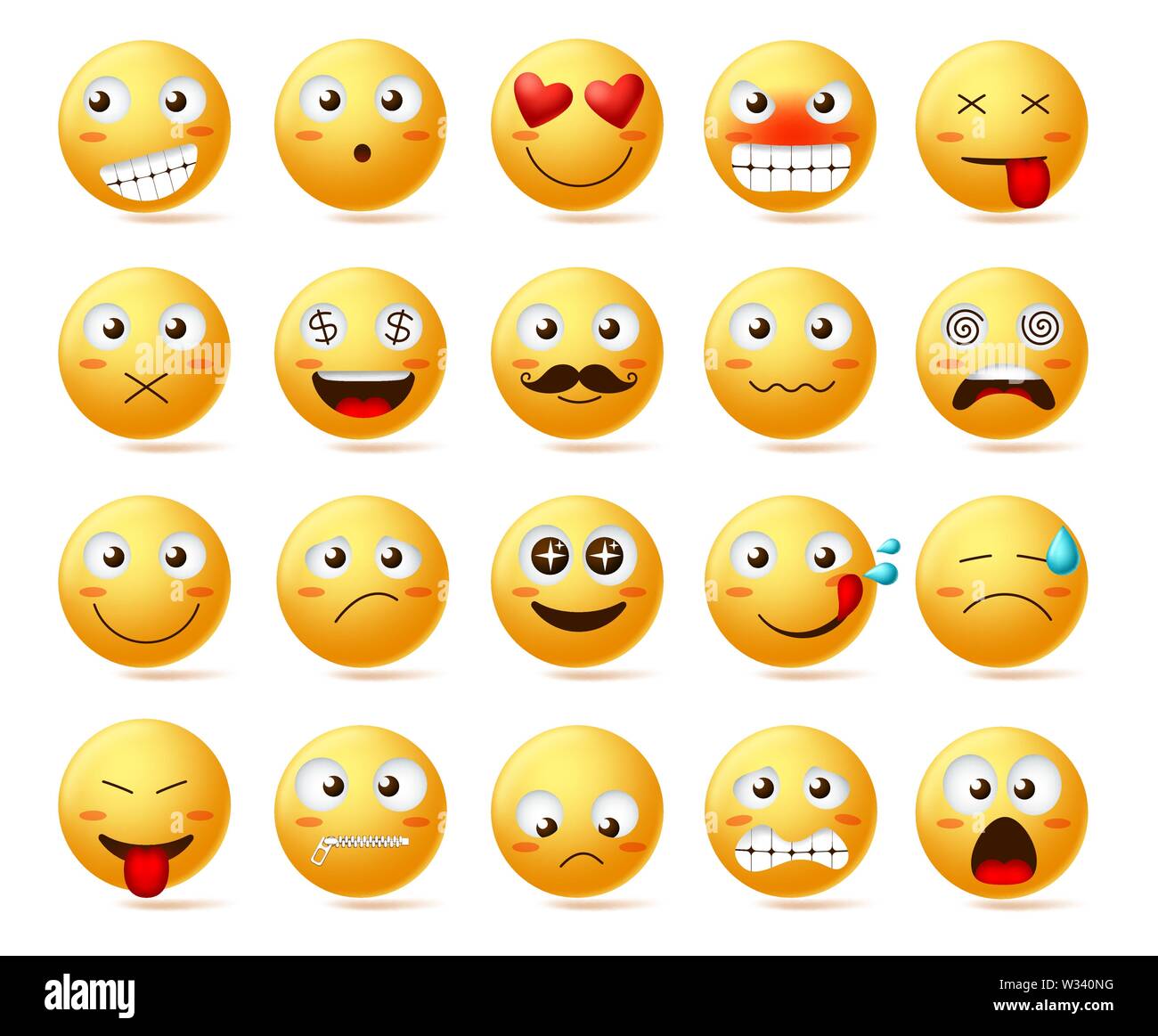Smileys vektor Icon Set. Smiley oder gelb Emoticons mit Mimik und Emotionen wie Freude, inlove, verwirrt und benommen in Weiß isoliert Stock Vektor