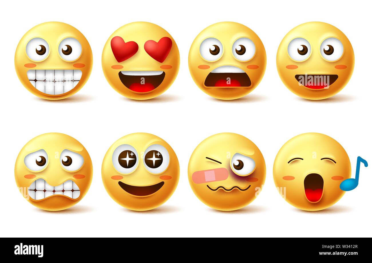 Smiley Vektor einrichten. Smileys Icons und Emoticons mit Lustig, inlove, Gesang und Mimik in der Farbe gelb mit weißen isoliert Stock Vektor