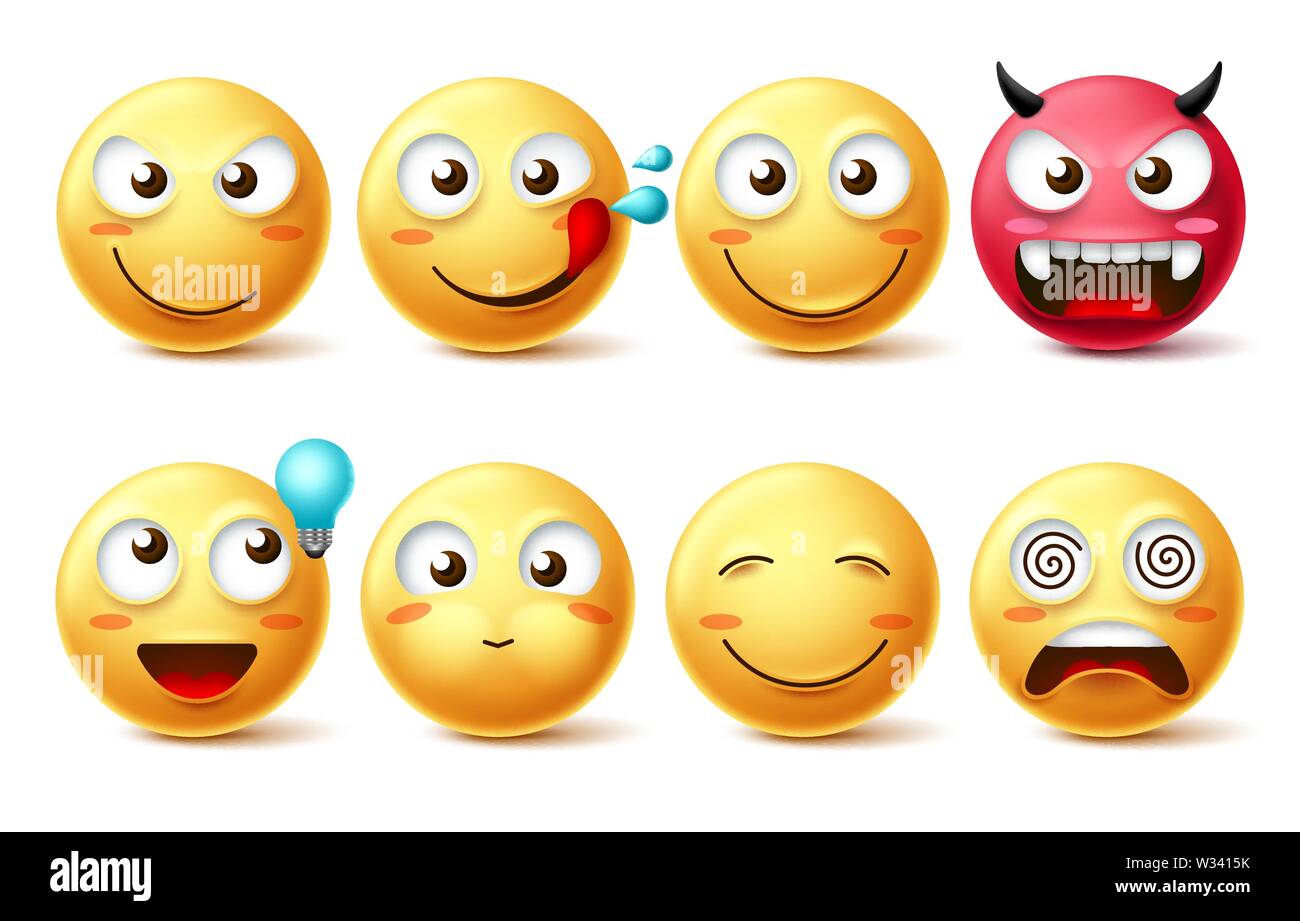 Smileys Symbol Vektor einrichten. Smileys und Emoticons glücklich, hungrig, frech, Denken, schwindlig und übel Mimik in weißem Hintergrund. Stock Vektor