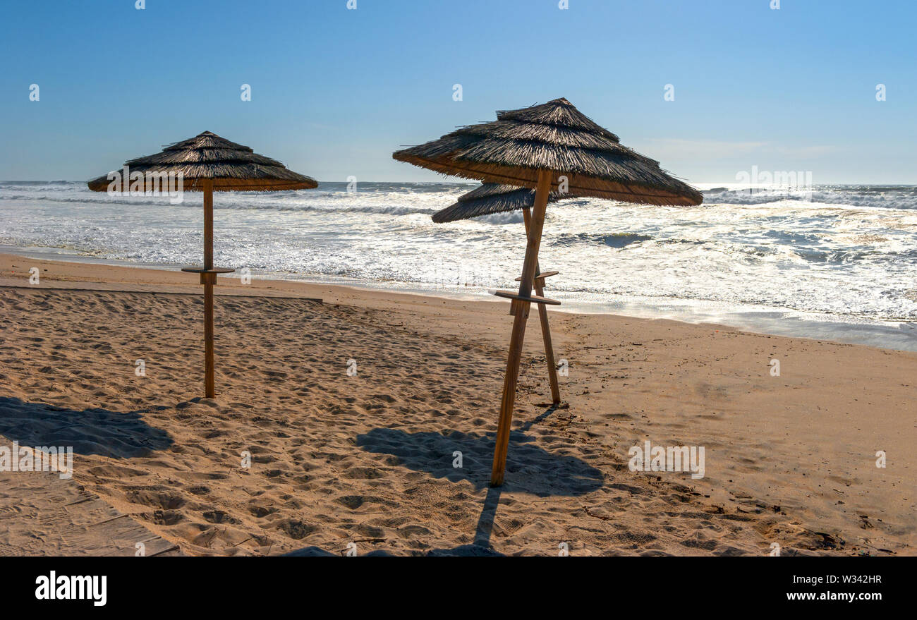 Stroh Sonnenschirme am Atlantischen Ocean Beach, Portugal Stockfoto