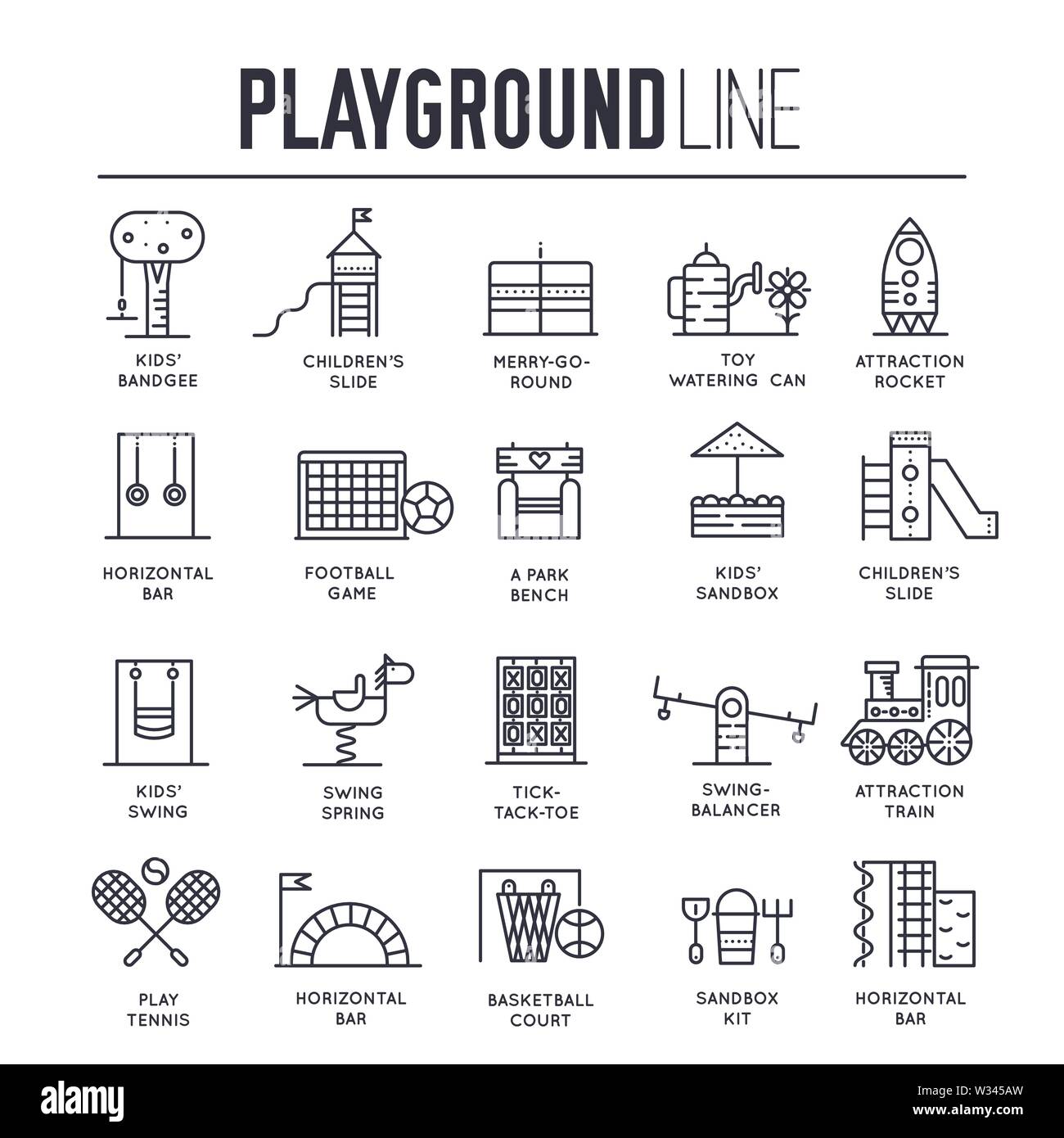 Der Spielplatz dünne Linie Symbole isoliert auf Weiss. Spiele und Spielzeug in der Zone übersicht Piktogramme Sammlung. Aktivitäten für Kinder in den playpit, amu Stock Vektor