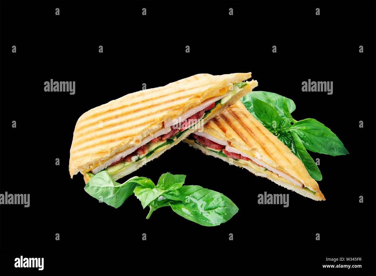 Gesund Gegrilltes Basilikum mozzarella Caprese Panini Sandwich isoliert. Klassische italienische Fast Food. Stockfoto