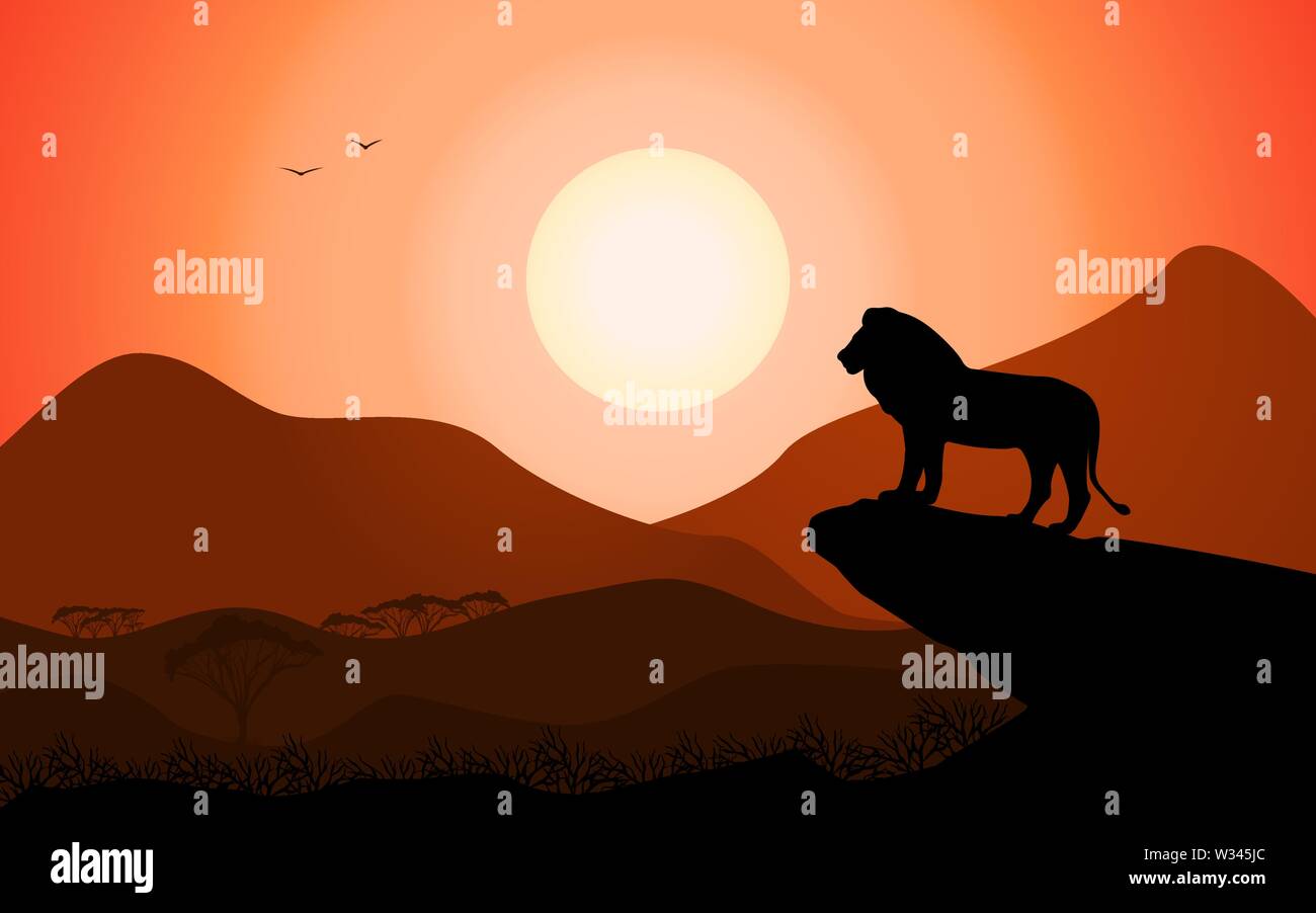 König der Löwen stehend auf einem Rock gegen einen Sonnenuntergang Stock Vektor