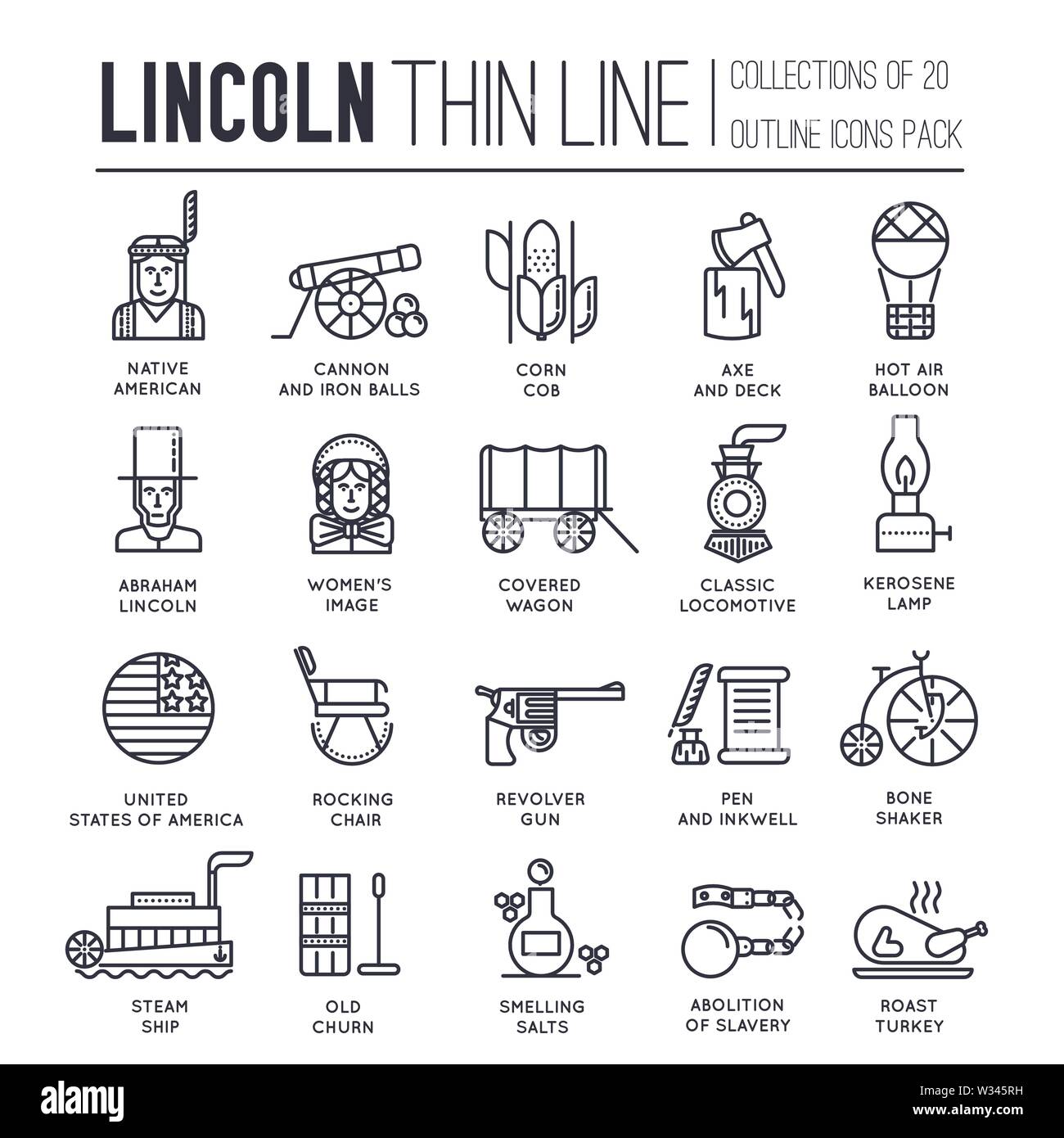 Der Präsident Tag in USA dünne Linie Symbole auf Weiß. Abraham Lincoln's leben Momente Übersicht Piktogramme Sammlung. Der technologische Fortschritt des 19 cen Stock Vektor