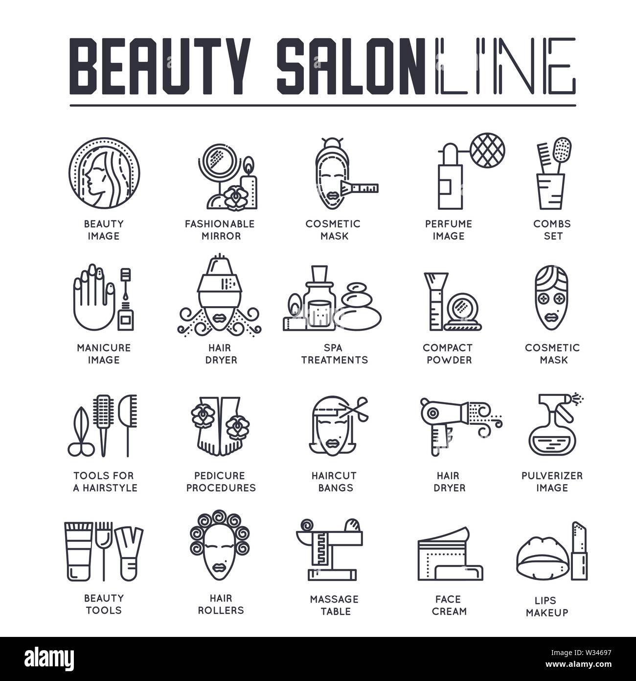 Satz von Beauty und Spa Salon dünne Linie Symbole. Haarschnitt, Massage, Maniküre übersicht Piktogramme Sammlung. Fahrzeugpflege Logos. Kosmetische Werkzeuge und Verfahren Stock Vektor