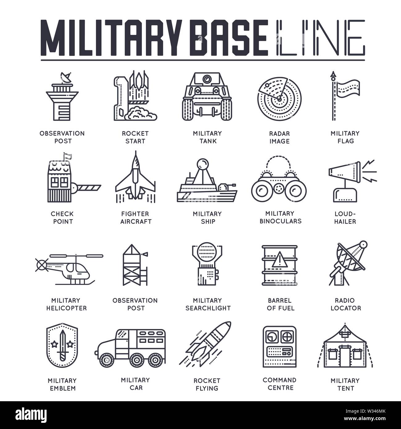 Der militärbasis dünne Linie Symbole auf weißem Hintergrund. Kriegerische Ausrüstung, Transport übersicht Piktogramme Sammlung. Bewaffnete macht, zwingt die vec Stock Vektor