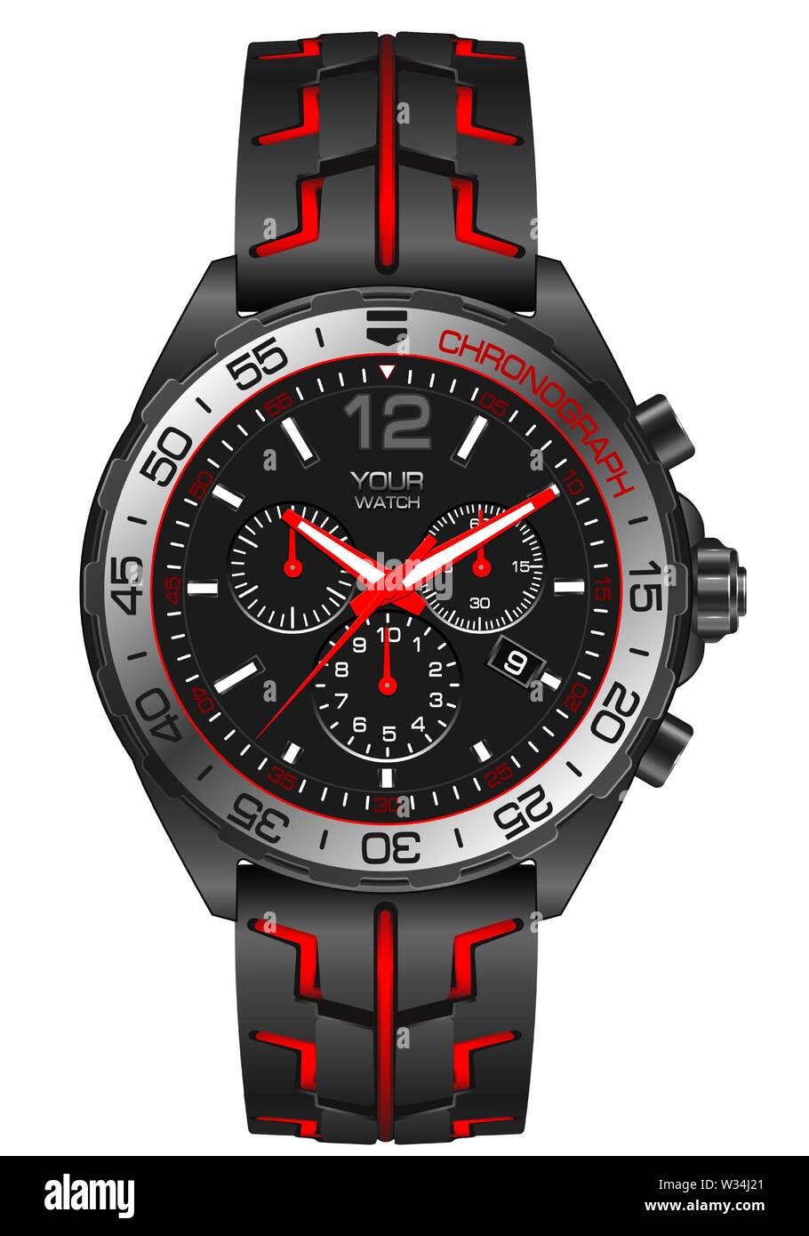 Rot Grau Stahl watch clock Chronograph für Männer auf weißem Hintergrund Design moderne Vector Illustration. Stock Vektor