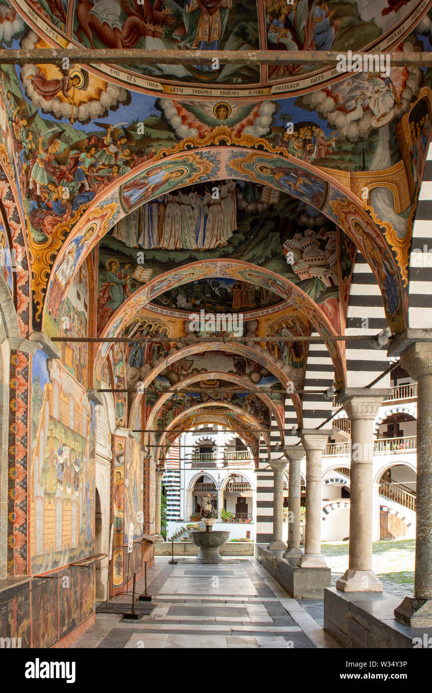 Veranda Wandmalereien im Kloster Rila, Rila, Bulgarien Stockfoto