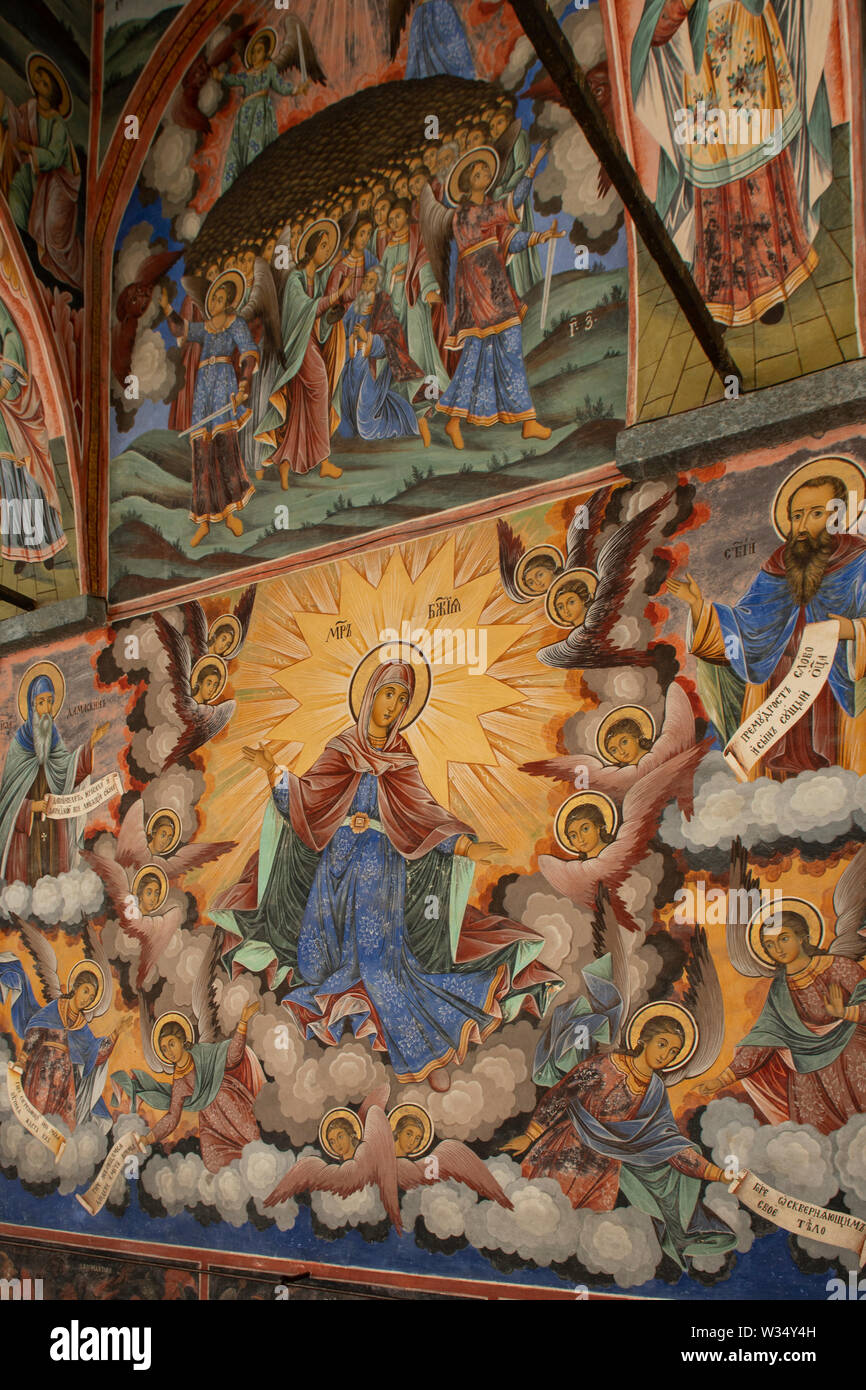 Wandmalereien im Kloster Rila, Rila, Bulgarien Stockfoto