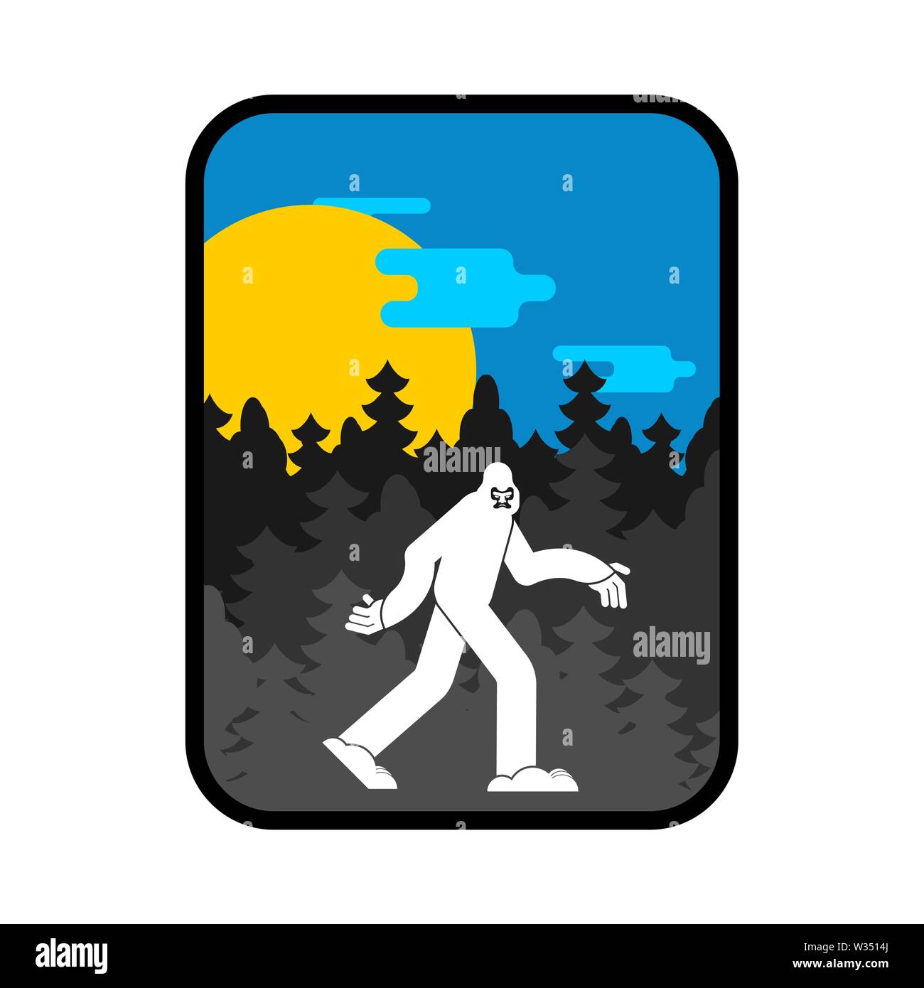 Yeti und Berge Symbol. Bigfoot und Wald anmelden. Stock Vektor