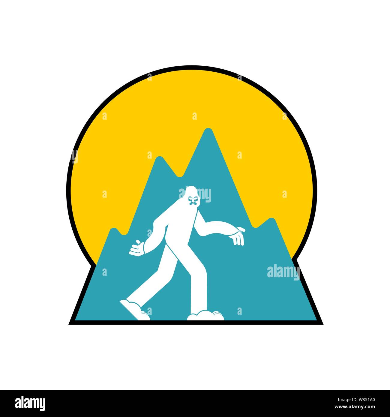 Yeti und Berge Symbol. Bigfoot und Wald anmelden. Stock Vektor
