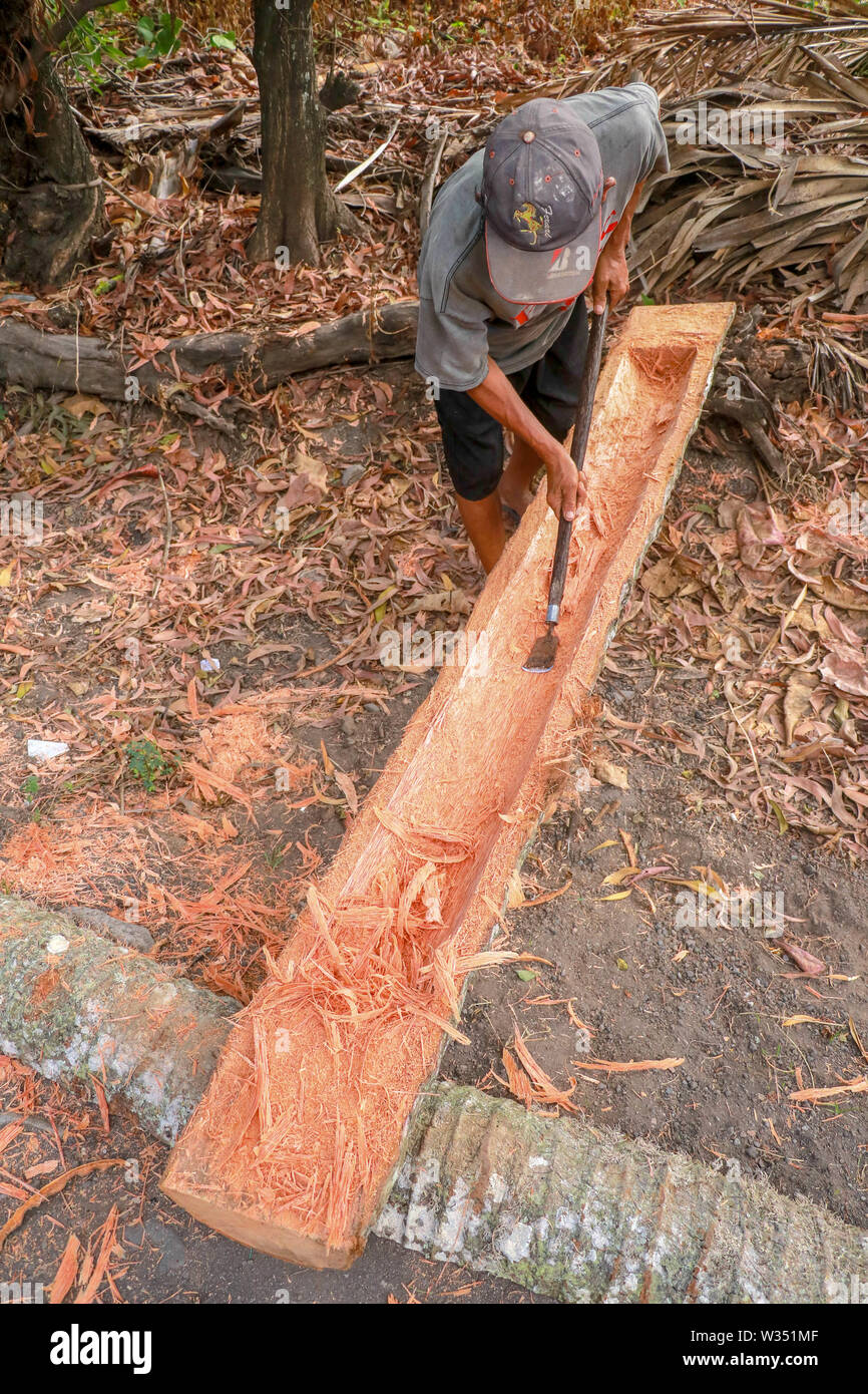 Arbeitsprozesse manuell Baumstamm und Kollisionen mit einem einfachen Trog. Schwere und anspruchsvolle Arbeit mit frisch geschnittenen Stamm. Die Arbeit in der Natur. Stockfoto