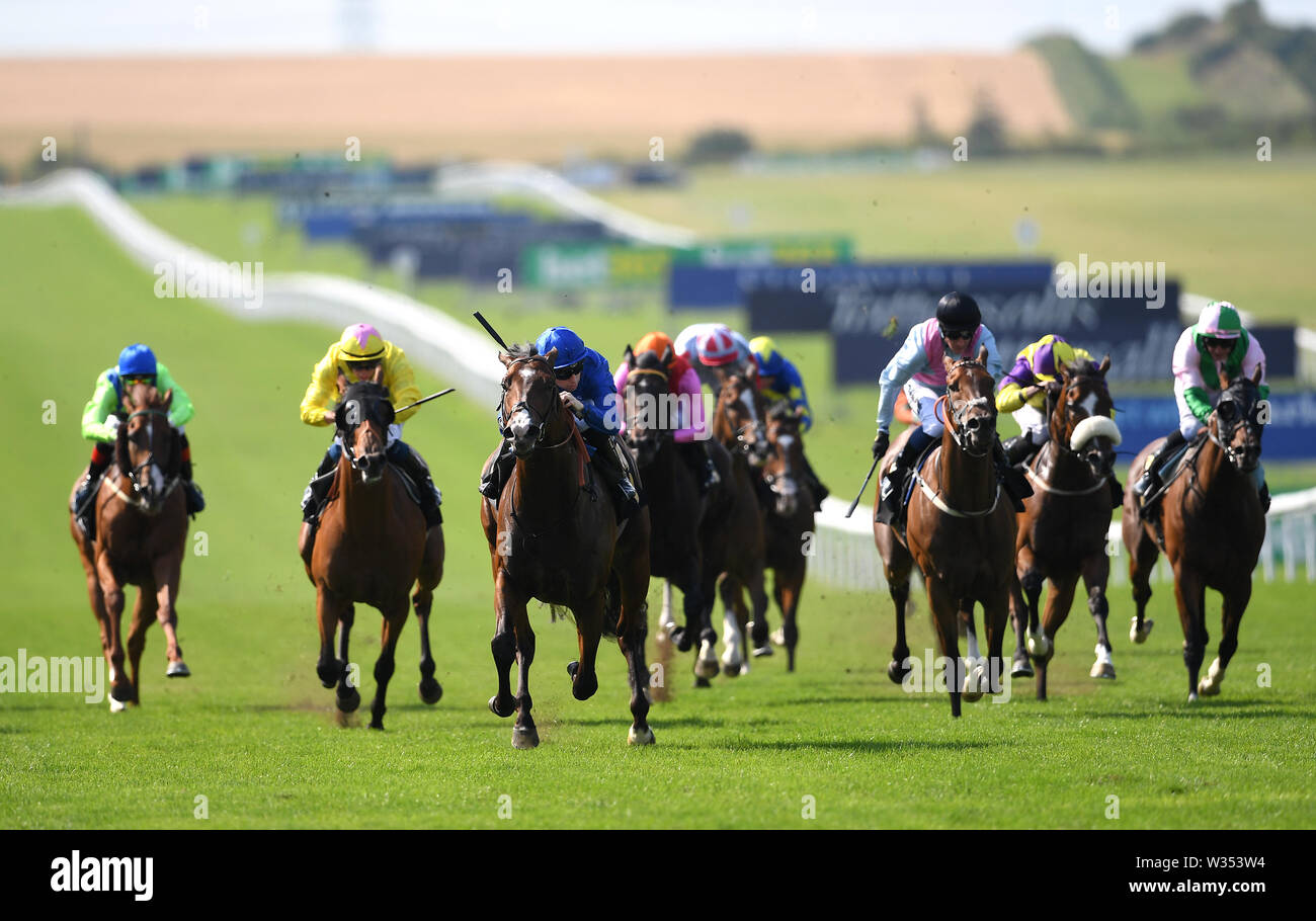 Licht und Dunkel, geritten von Jockey Callum Shephard (Mitte) auf dem Weg zum Sieg im Porsche Zentrum Cambridge Behinderung bei Tag zwei des Moet und Chandon Juli Festival 2019 in Newmarket Racecourse. Stockfoto