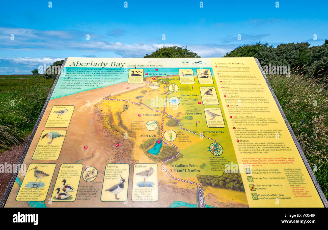 Karte mit Informationen zu Küstenvögeln, erstellt von Neil Russell auf dem Informationstafel, Aberlady Nature Reserve, East Lothian, Schottland, Großbritannien Stockfoto