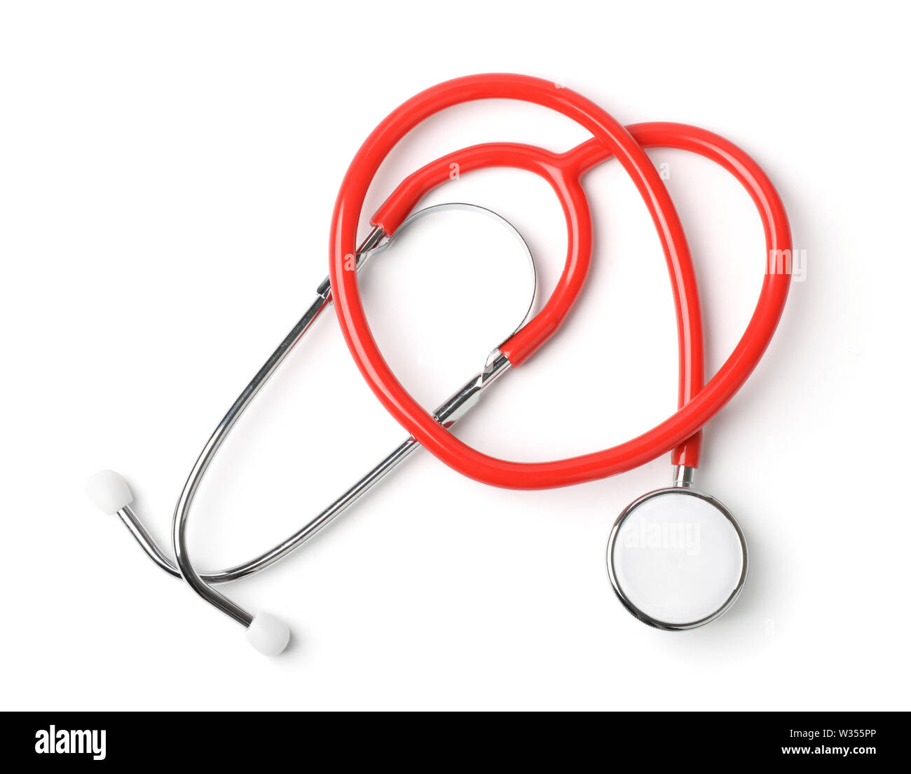 Blick von oben auf die rote medizinische Stethoskop isoliert auf weißem Stockfoto
