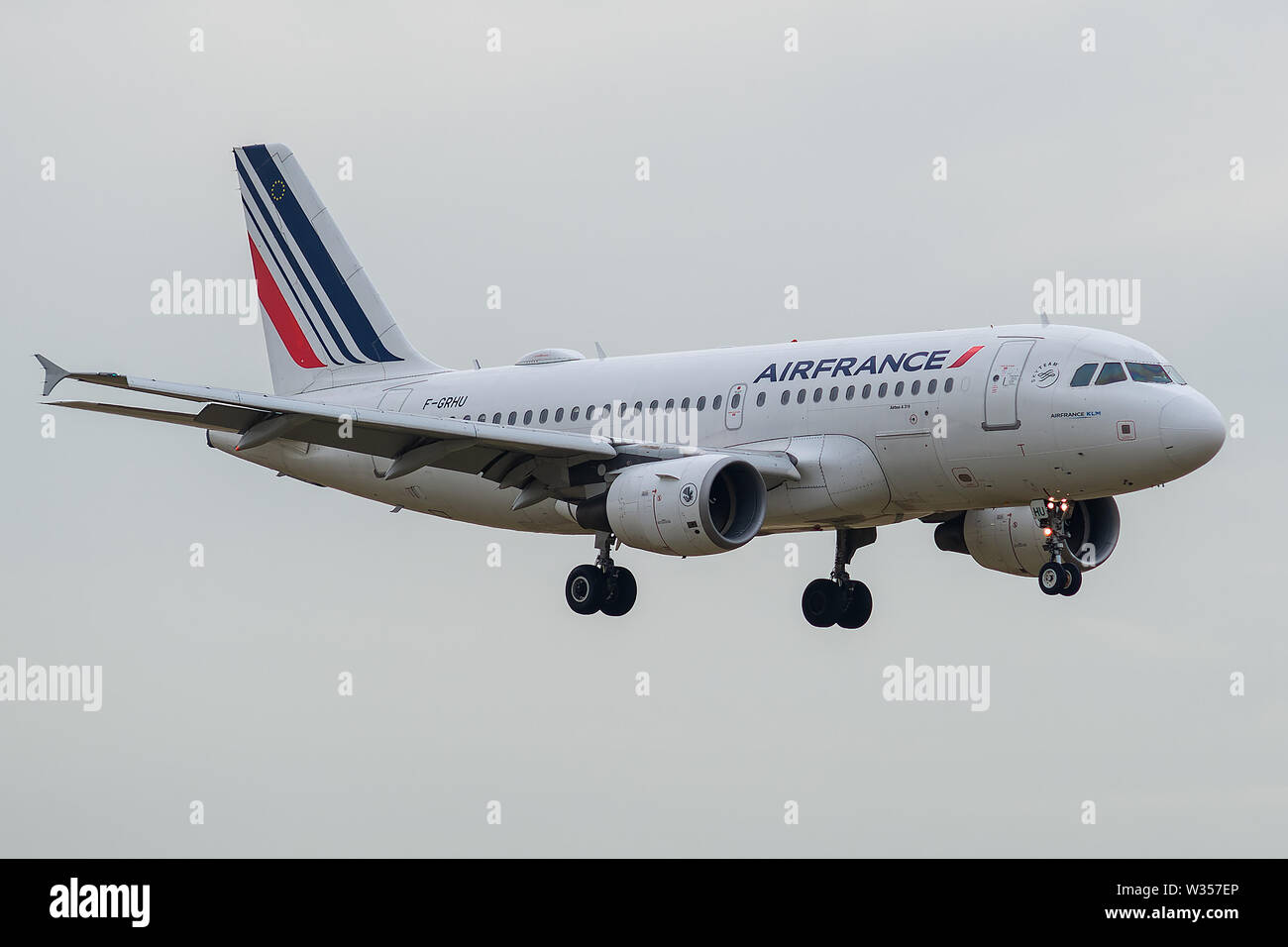 F-GRHU, Juli 11, 2019, Airbus A 319-111-1471 Landung am Flughafen Paris Charles de Gaulle am Ende von Flug Air France AF 1751 aus Kopenhagen. Stockfoto