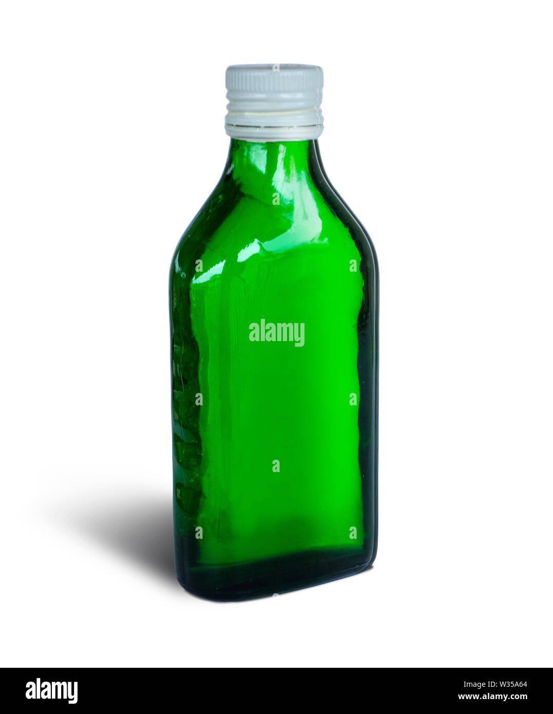 Grüne Flasche Medizin auf Weiß isoliert Stockfoto