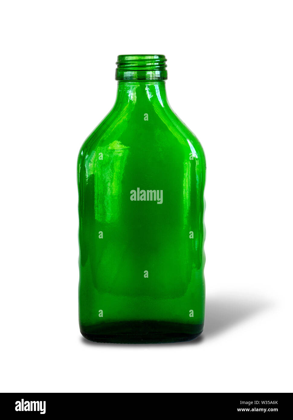 Grüne Flasche Medizin auf Weiß isoliert Stockfoto