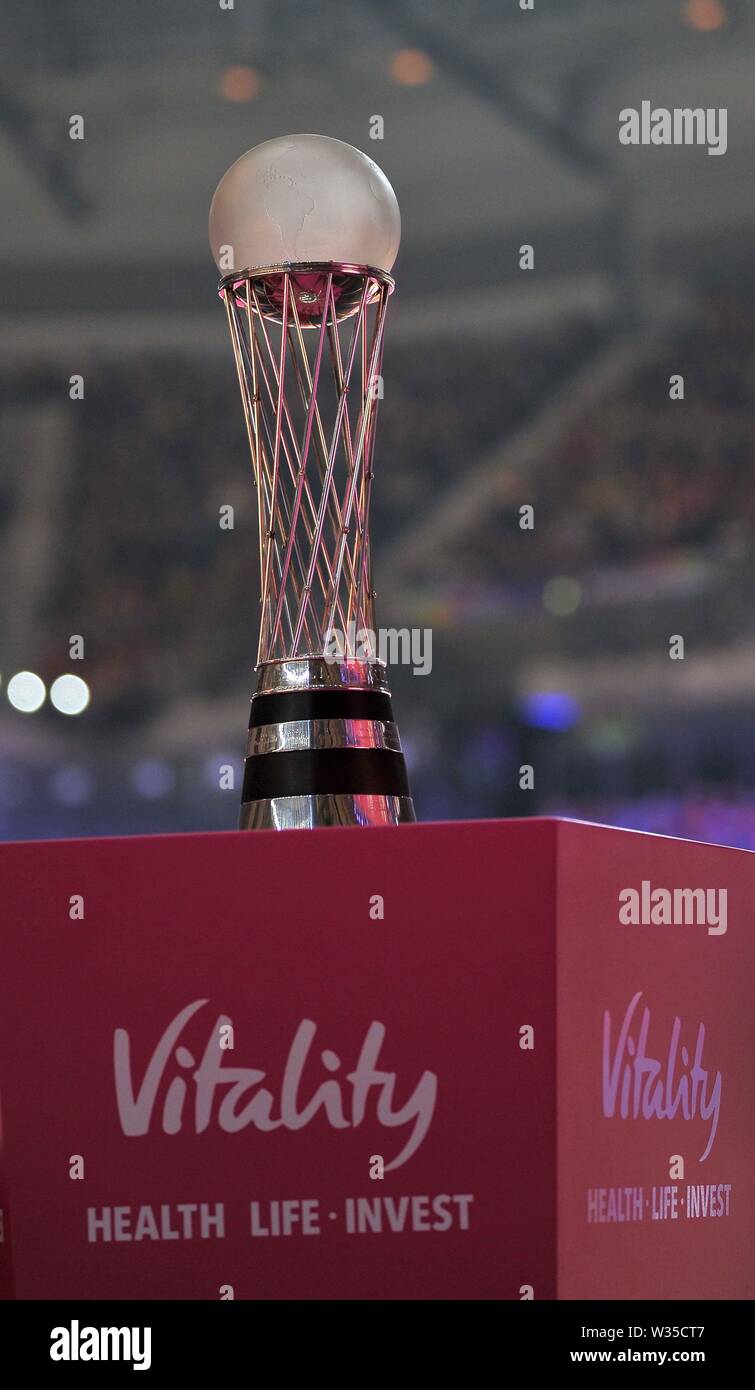 Liverpool. Vereinigtes Königreich. 12. Juli 2019. Die Wm auf dem Sockel während der vorläufigen Spiel zwischen Südafrika und Trinidad und Tobago im Netball World Cup. M- und S-Arena, Liverpool. Merseyside. UK. Kredit Garry Bowdenh/SIP-Foto Agentur/Alamy leben Nachrichten. Stockfoto