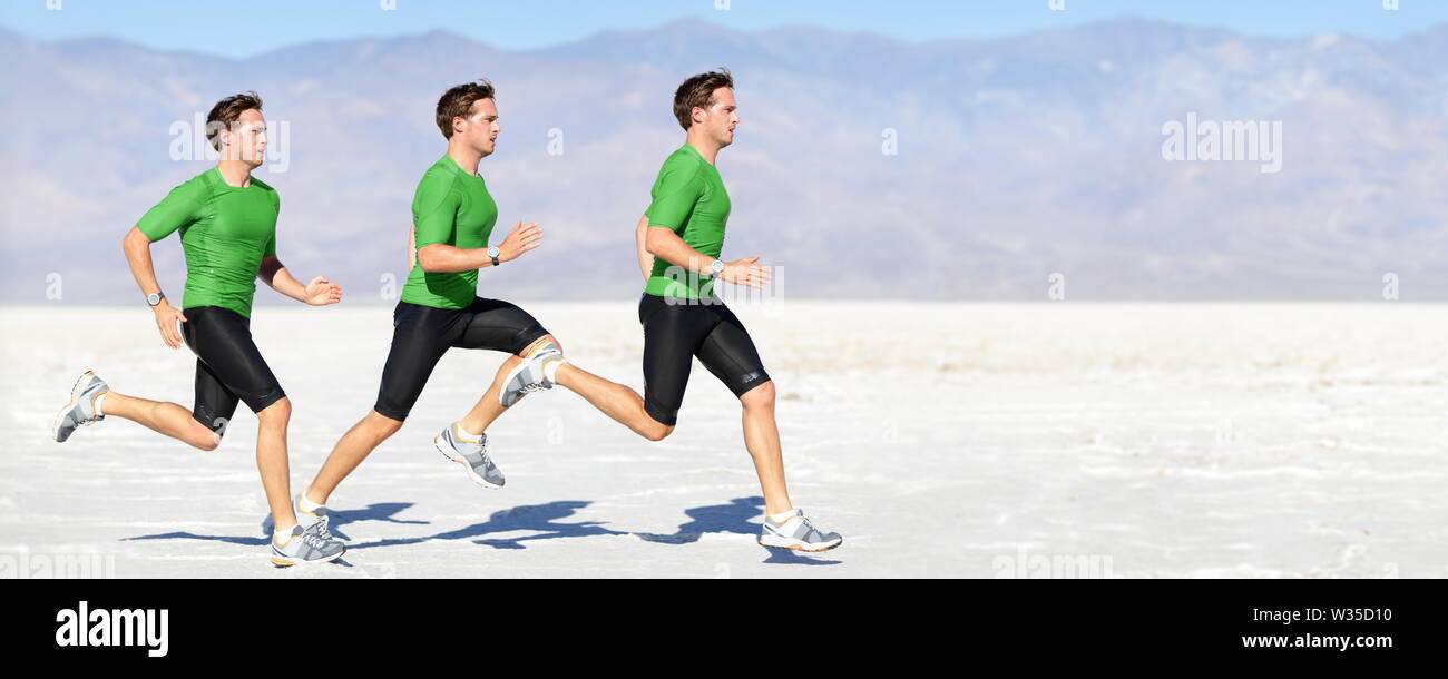 Athlet laufender Mann - Läufer in Geschwindigkeit, sprinten Bewegung. Männliche Sportler sprinter Composite in schöner Natur Landschaft. Fit fitness Modell in schnellen Sprint im Freien in der Natur laufen. Stockfoto