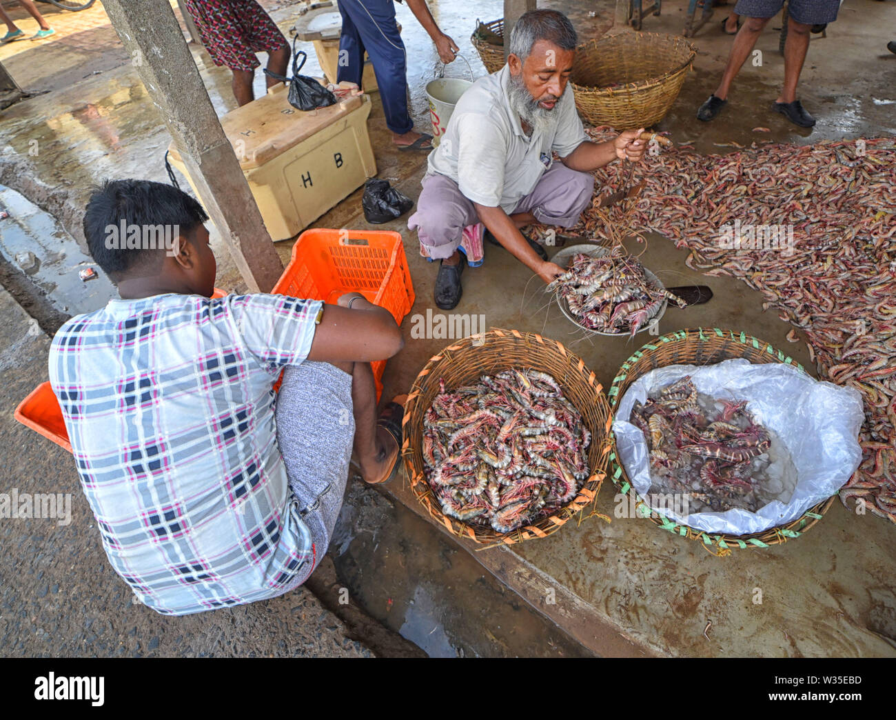 Digha, West Bengal, Indien. 12. Juli, 2019. Fischer besetzt Angeln sortieren bei die Fische Handelsplatz der Digha in der Nähe der Bucht von Bengalen. Wegen des Mangels an Regen, Versorgung mit Fisch ist sehr unregelmäßig und weniger Vergleichende als andere Jahre. Lokale Regierung beschränkt die Fangtätigkeiten so vor kurzem Insgesamt 31 Fischer fehlt in der Bucht von Bengalen wegen schlechten Wetters Credit gegangen sind: Avishek Das/SOPA Images/ZUMA Draht/Alamy leben Nachrichten Stockfoto