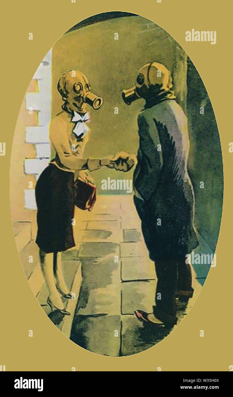 WWII - eine französische Cartoon das Tragen von Gasmasken und die Vorstellung, wie ein Mann eine Frau auf der Straße grüßen würde scherzen. Stockfoto