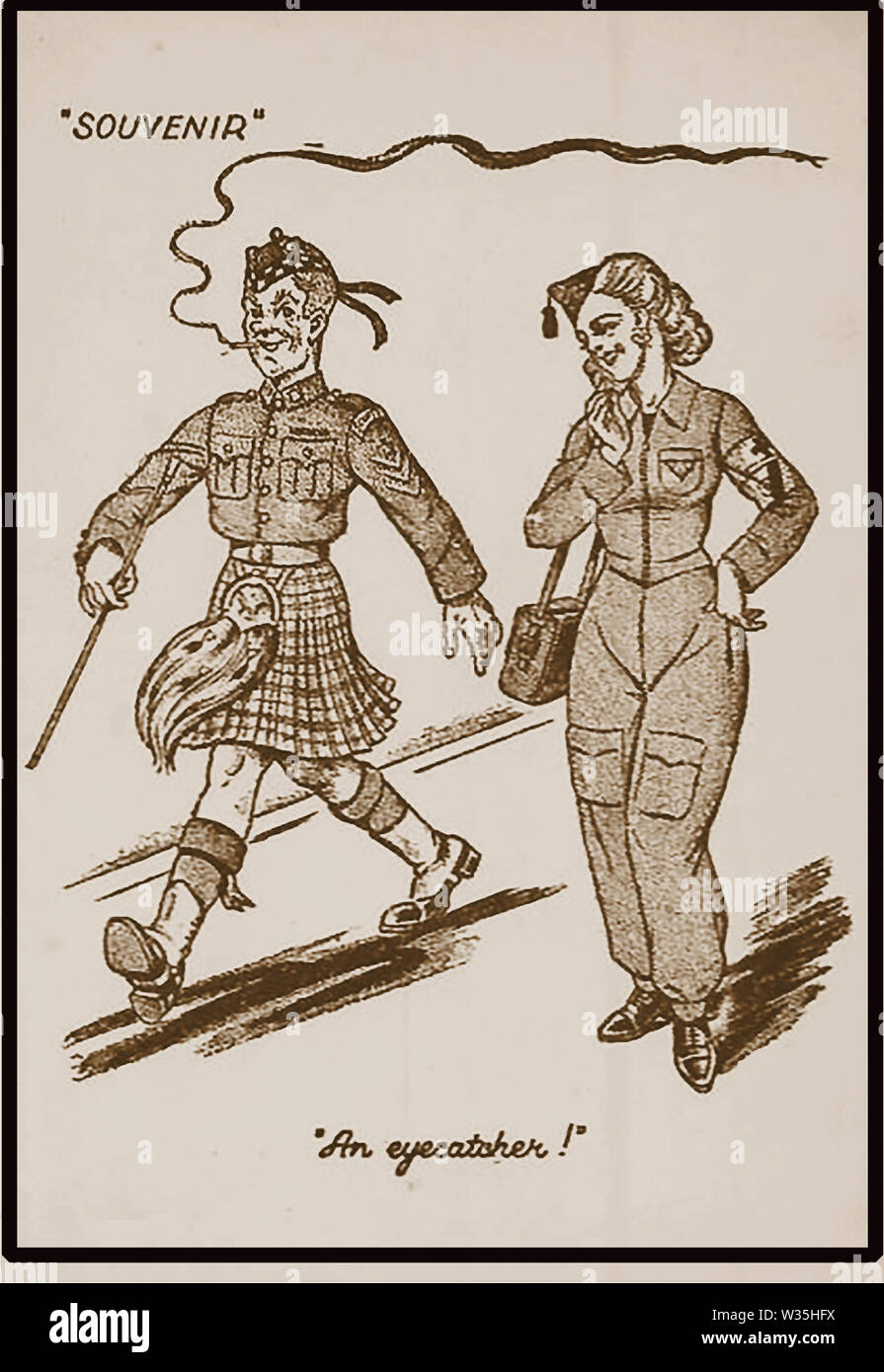 Aus dem Zweiten Weltkrieg comic Postkarte (1944) einen kilted Schottische Soldat ins Auge eines weiblichen Rot-Kreuz-Mitarbeiter Stockfoto