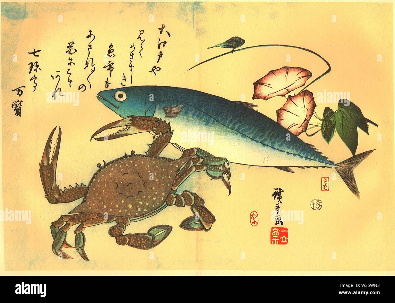 Kani, Kegani 毛ガニ, ケガニ (rosshaar Krabbe), Saba 胡麻鯖 (Blaue Makrele) Utagawa Hiroshige Holzschnitt aus der Serie Uozukushi (jede Vielzahl der Fische) Stockfoto