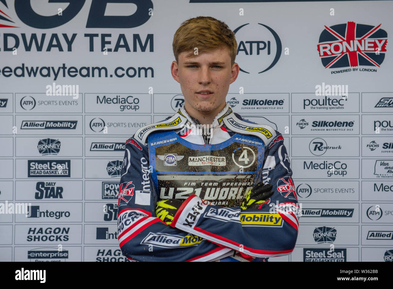 Manchester, Großbritannien. 12. Juli, 2019. MANCHESTER, UK 13. Juli Kyle Bickley Großbritannien während der FIM Speedway Team U-21 Weltmeisterschaft an den Nationalen Speedway Stadion, Manchester am Samstag, dem 13. Juli 2019 (Quelle: Ian Charles | MI Nachrichten) Credit: MI Nachrichten & Sport/Alamy leben Nachrichten Stockfoto