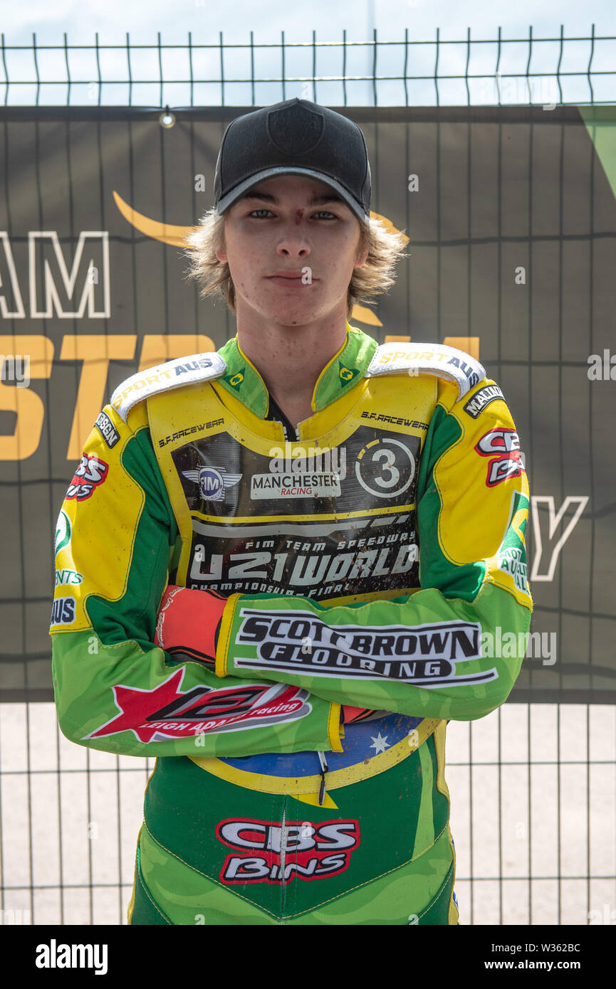 Manchester, Großbritannien. 12. Juli, 2019. MANCHESTER, UK 13. Juli Matthew Gilmore von Australien während der FIM Speedway Team U-21 Weltmeisterschaft an den Nationalen Speedway Stadion, Manchester am Samstag, dem 13. Juli 2019 (Quelle: Ian Charles | MI Nachrichten) Credit: MI Nachrichten & Sport/Alamy leben Nachrichten Stockfoto