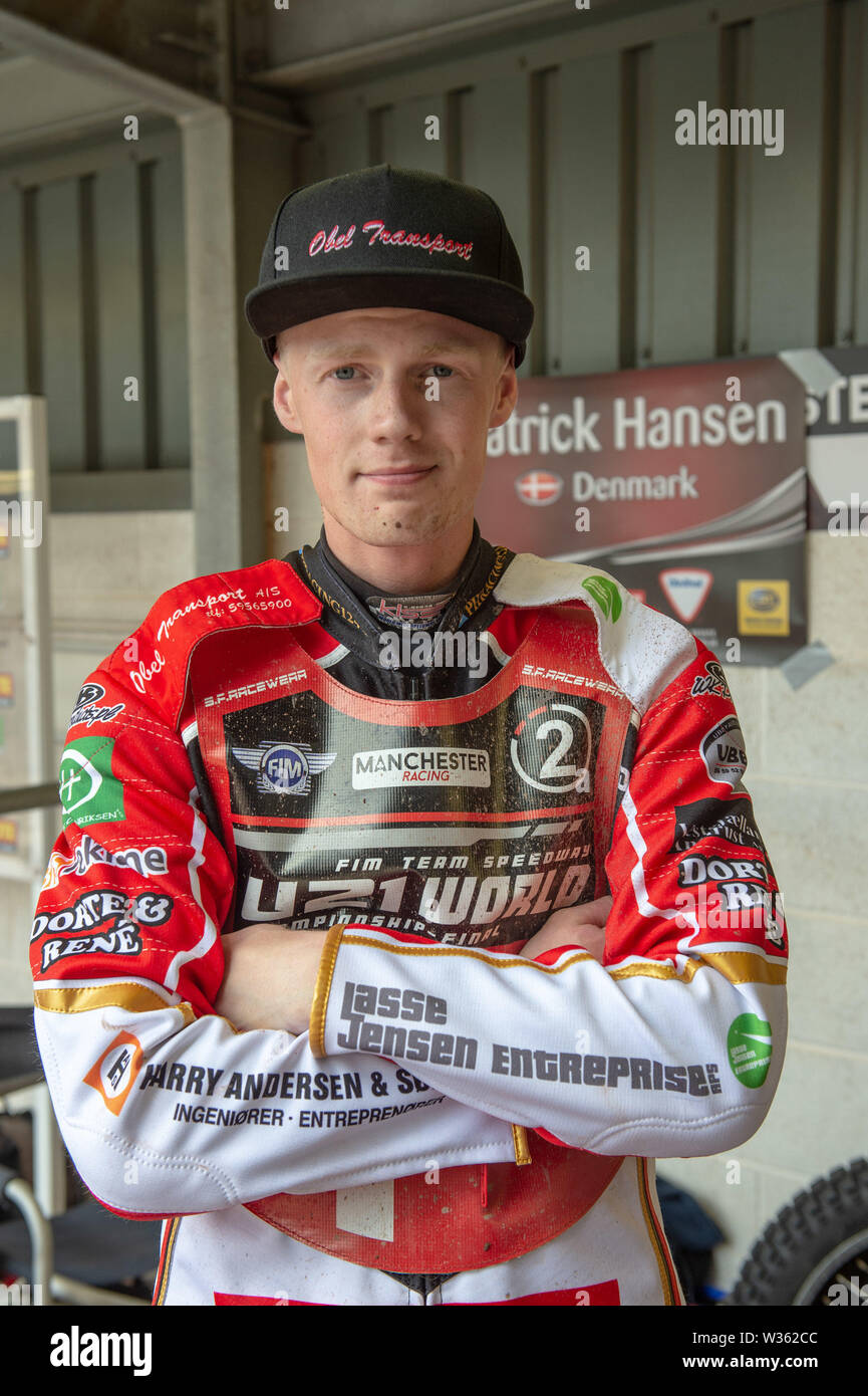 Manchester, Großbritannien. 12. Juli, 2019. MANCHESTER, UK 13. Juli Patrick Hansen aus Dänemark während der FIM Speedway Team U-21 Weltmeisterschaft an den Nationalen Speedway Stadion, Manchester am Samstag, dem 13. Juli 2019 (Quelle: Ian Charles | MI Nachrichten) Credit: MI Nachrichten & Sport/Alamy leben Nachrichten Stockfoto