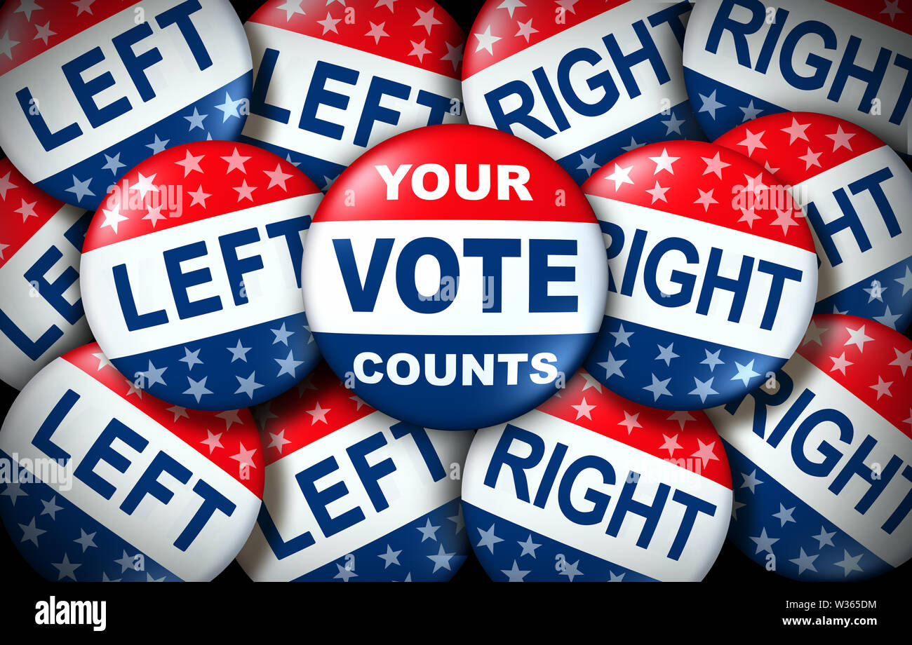 Ihre Stimme zählt Wahl Abzeichen als eine in den USA Recht auf demokratische Abstimmung Konzept zwischen der Rechten und der Linken als Präsidentschaftswahlen. Stockfoto