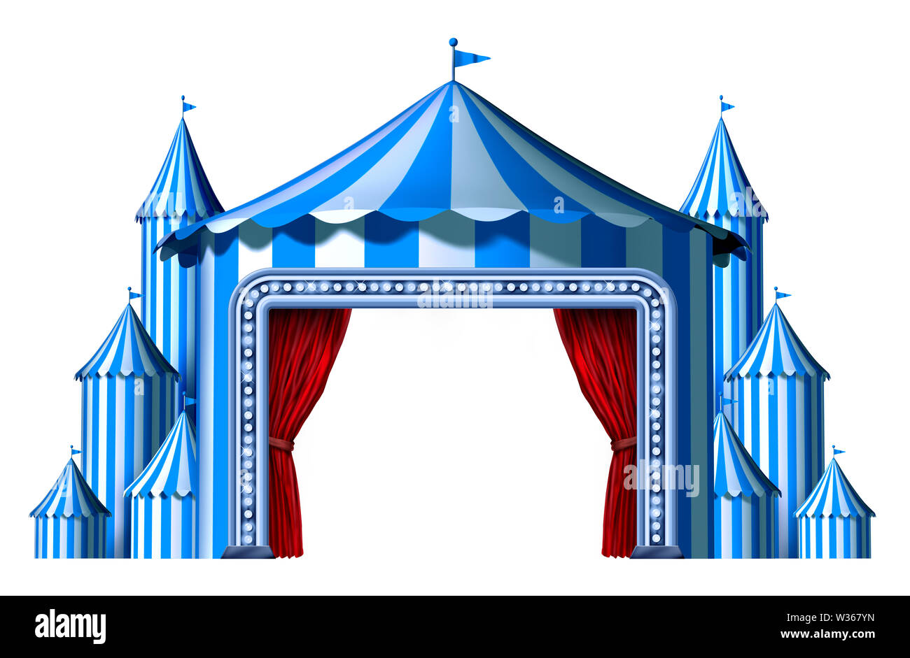 Circus blaues Zelt Bühne mit Leerzeichen als eine Gruppe von Big Top Karneval Zelte mit einem roten Vorhang öffnen Eingang als Spaß Unterhaltung Symbol. Stockfoto