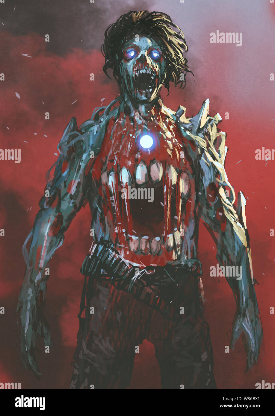 Aggressive Zombie mit blutigen Mund in der Mitte des Körpers, digital art Stil, Illustration Malerei Stockfoto
