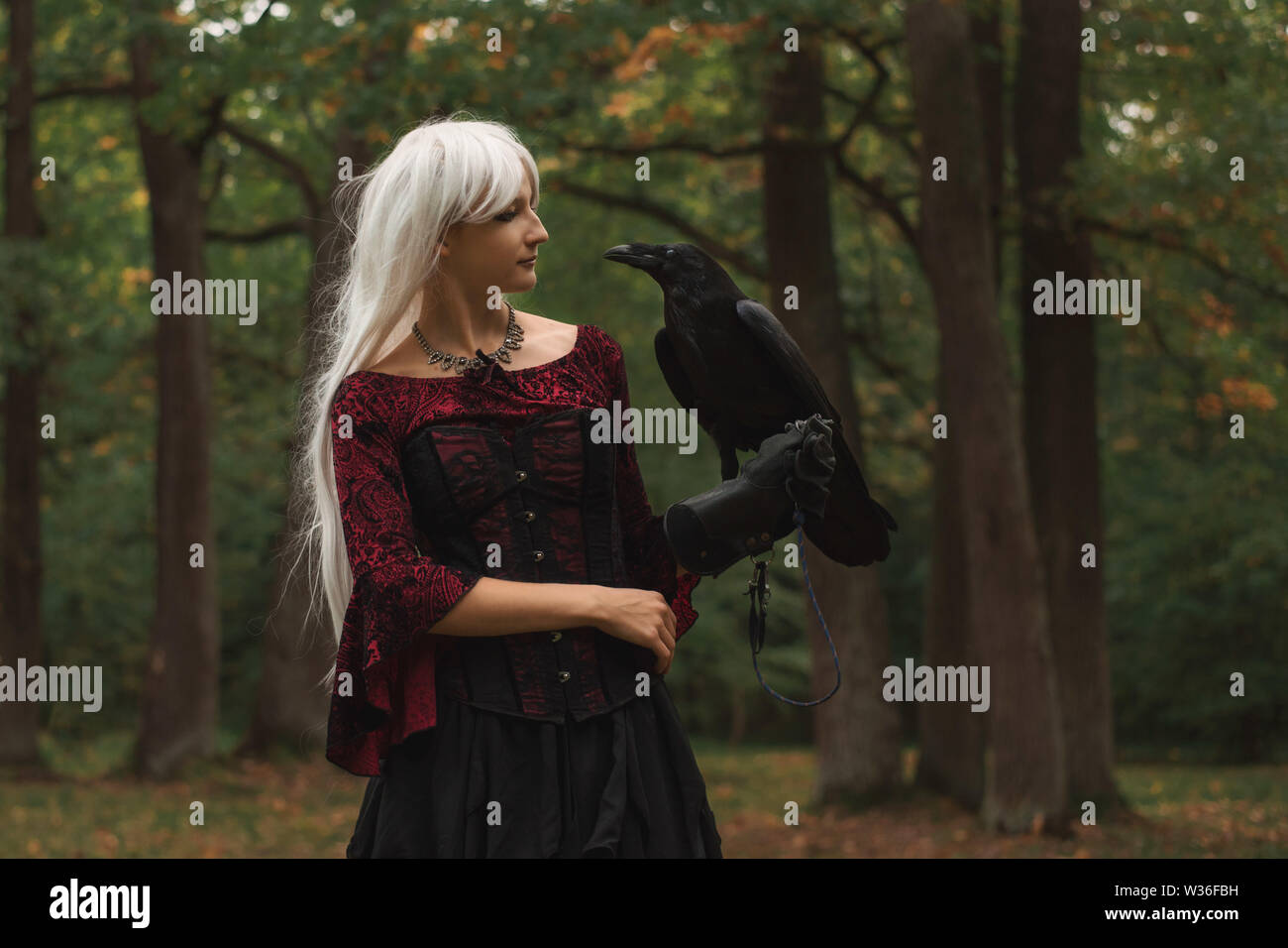 Frau Hexe im roten Kleid und mit Raven in den Händen im verschneiten Wald. Sie schaut zu raven. Um schneit und Schneeflocken fallen am Saum ihres Kleides. Stockfoto